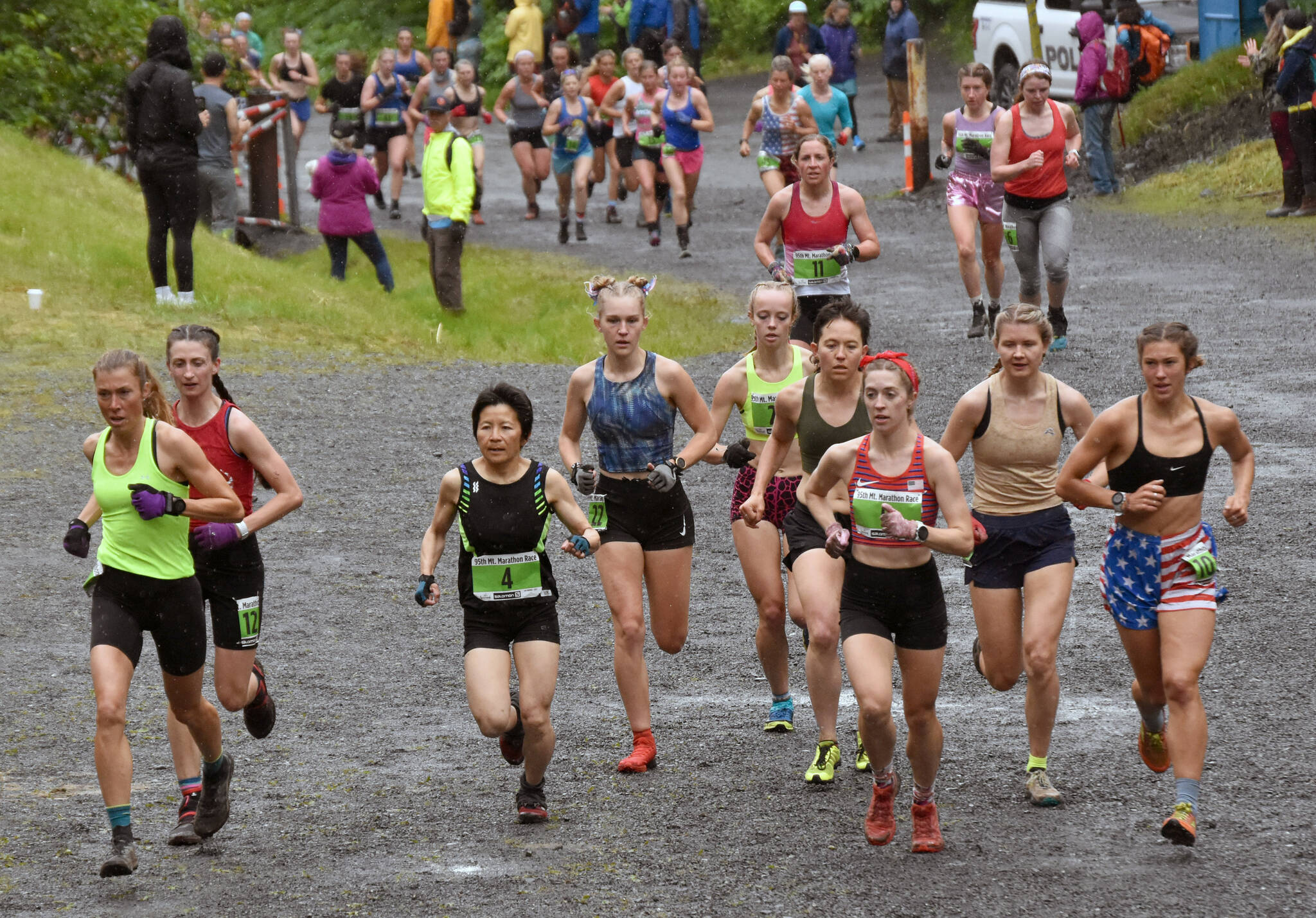 Eventual race winner Christy Marvin leads the pack to the mountain in the women’s Mount Marathon Race on Tuesday, July 4, 2023, in Seward, Alaska. (Photo by Jeff Helminiak/Peninsula Clarion)