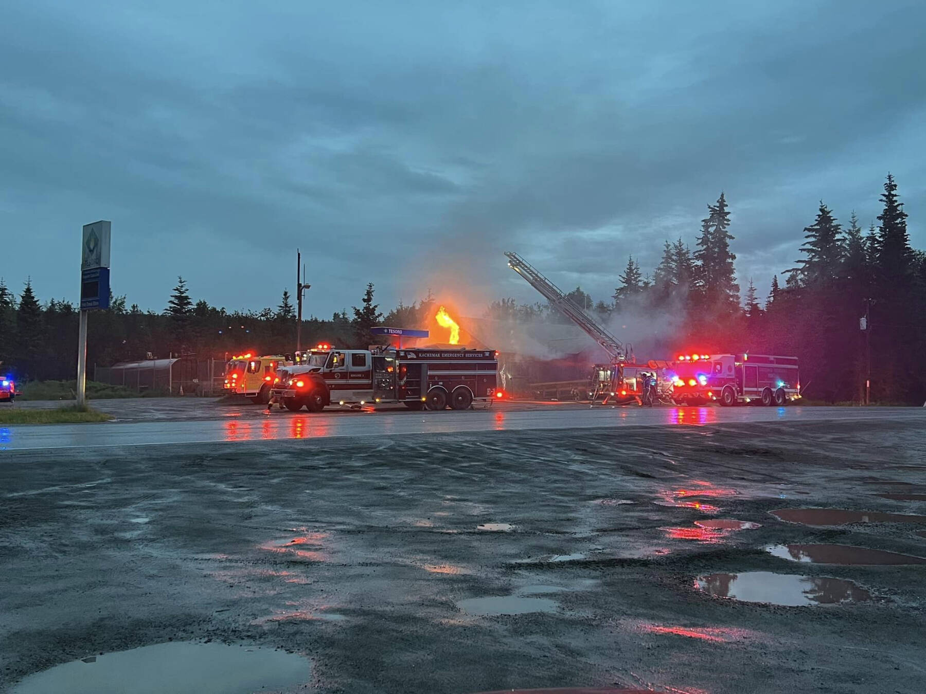 Kachemak Emergency Services and Homer Volunteer Fire Department respond to a fire at the Fritz Creek General Store east of Homer on East End Road, early Thursday morning on July 6, 2023 in Fritz Creek, Alaska. Photo courtesy of Homer Volunteer Fire Department