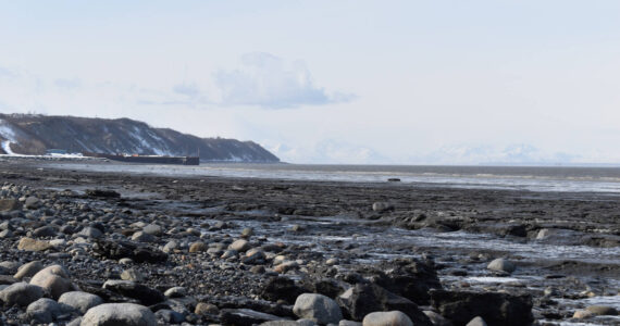 Jake Dye/Peninsula Clarion
The waters of Cook Inlet lap against Nikishka Beach in Nikiski,<ins> Alaska,</ins> where several local fish sites are located, on Friday, March 24<ins>, 2023</ins>.