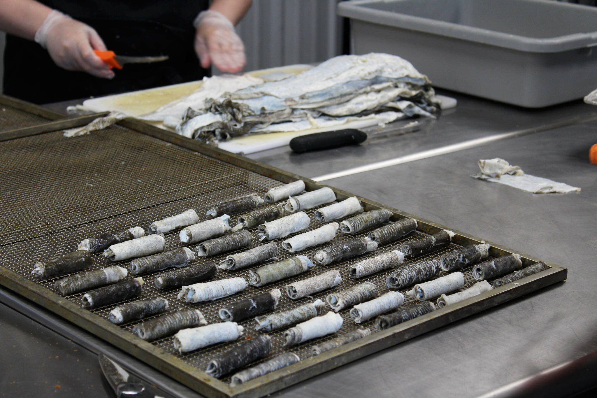 Cod skins rolled by AlaSkins employee Jeramie Davis wait to be dehydrated inside of AlaSkins on Thursday, July 6, 2023 in Soldotna, Alaska. (Ashlyn O’Hara/Peninsula Clarion)