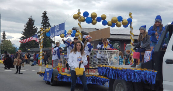 The Homer Glacier Kings' float, which won a prize as the Best Children's Group, travels down Pioneer Avenue during the "Seas the Day" Fourth of July parade on Tuesday, July 4, 2023 in Homer, Alaska.