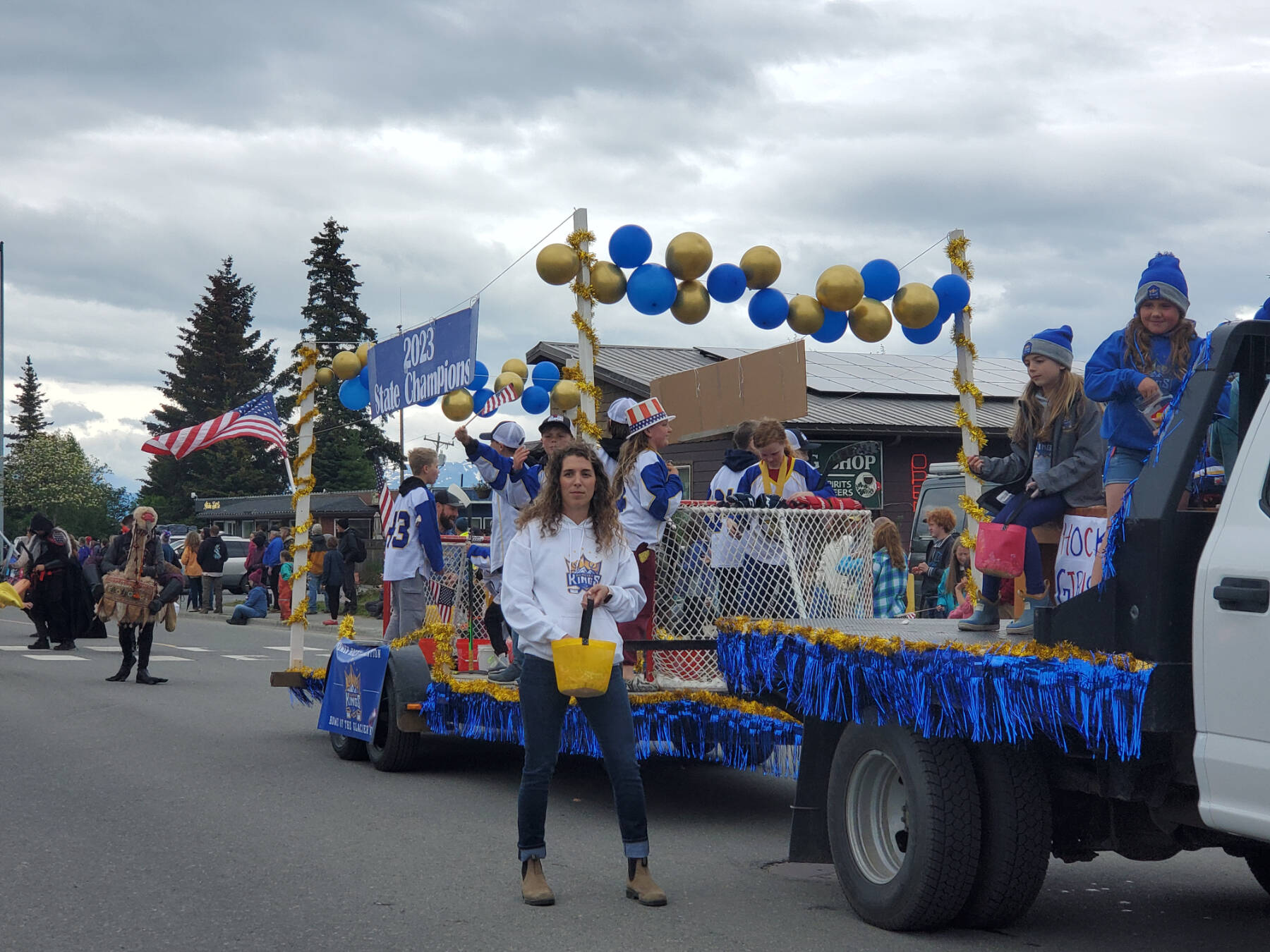 The Homer Glacier Kings’ float, which won a prize as the Best Children’s Group, travels down Pioneer Avenue during the “Seas the Day” Fourth of July parade on Tuesday, July 4, 2023 in Homer, Alaska. (Delcenia Cosman/Homer News)