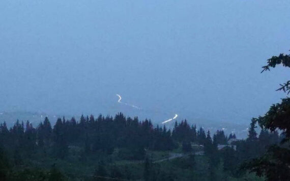 A photo taken from Skyline Drive at about 11:20 p.m. Saturday, July 15, 2023, shows vehicles evacuating from the Homer Spit after a tsunami warning was issued. The warning did not affect the Homer area, but sirens sounded anyway. The warning was later canceled. Photo by Shannon Cefalu.