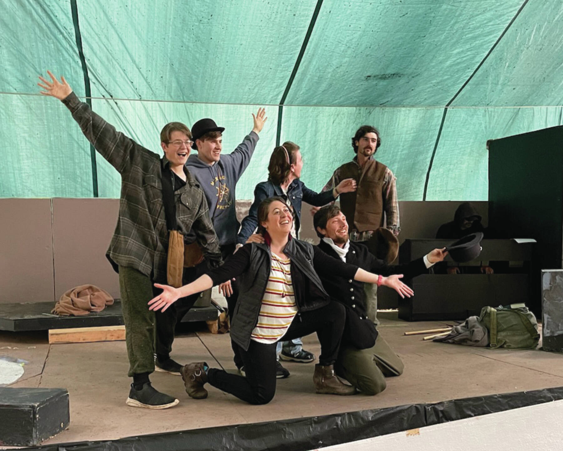 Emilie Springer/ Homer News
Dayus Geysbeek, Adgel Chandler, Reece Cowan and Ethan Martin in the backrow and Maura Brenin and Rudy Multz in the front rehearse a dance from Cannibal! on Wednesday July 12.