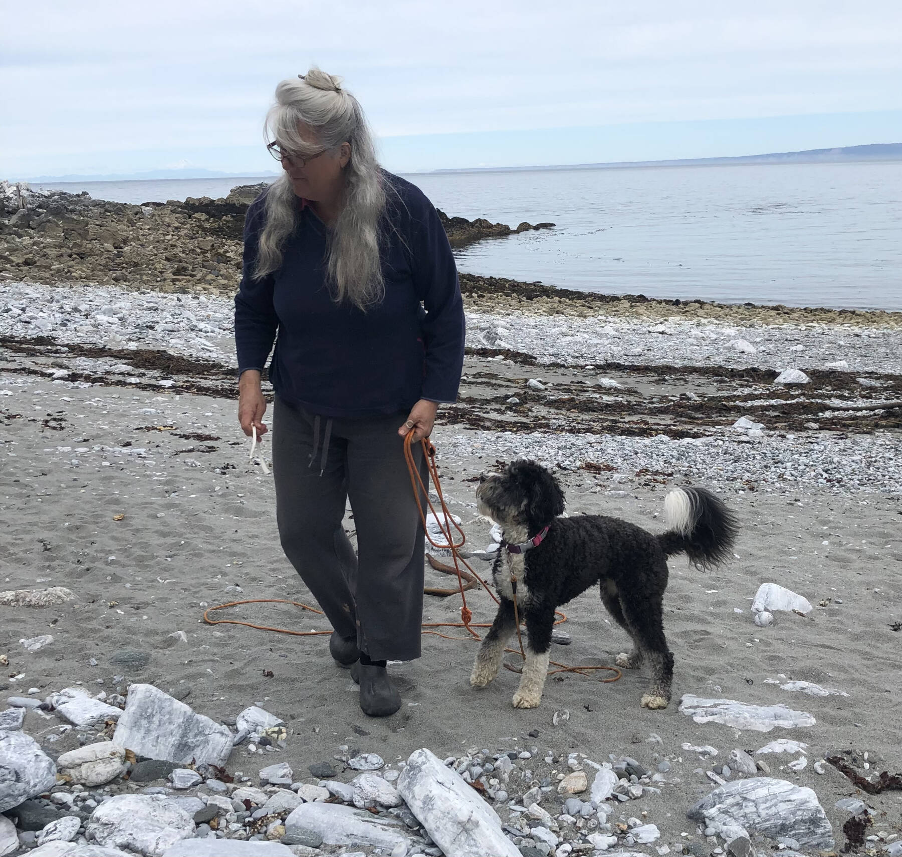 Seldovia artist Jenifer Cameron walks her dog, Penelope, on Outside Beach in early 2023, looking for kelp for her current exhibit of collage photography, “Beauty and the Beach,” on display at Homer Council on the Arts through July. Photo courtesy Jenifer Cameron