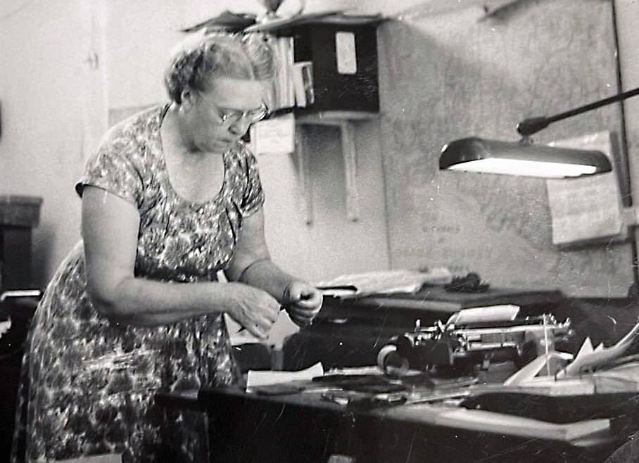 Photo courtesy of the Smith Family Collection
Mable Whitlock Smith launched her newspaper career in her mid-1950s. Here, she is seen working in the office of the Daily Journal-Capital in Pawhuska, Oklahoma, in 1957.