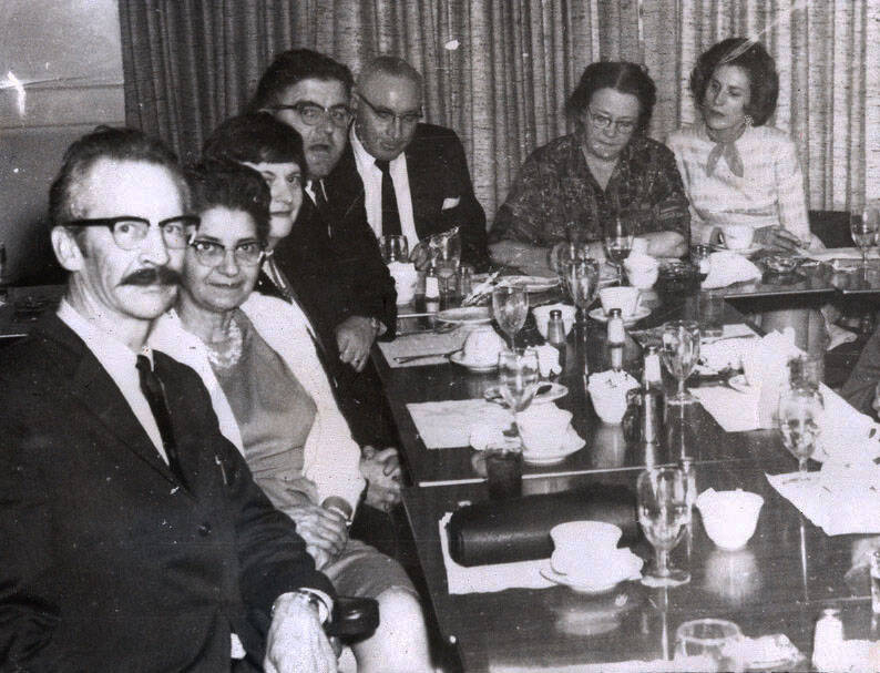 Cheechako News photo
Mable Smith (second from right) joins the Cheechako News’ staff and friends for its 10-year anniversary dinner in 1969. From L-R: Publisher/owner Loren Stewart, Betty Karsten, Marion and Leo Oberts, Emmett Karsten, Smith, and Dorothy Stewart.