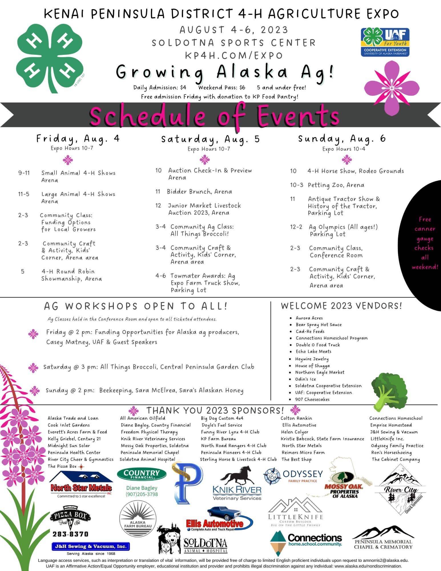 A poster and schedule for the 2023 Kenai Peninsula District 4-H Agriculture Expo. (Photo provided by Cassy Rankin)