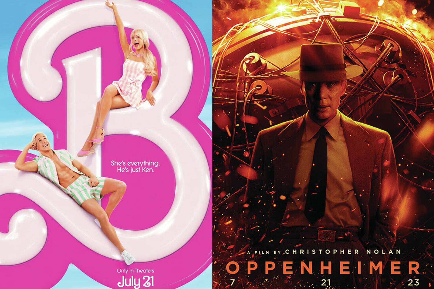Photos courtesy WarnerMedia and Universal Pictures
Promotional material for both “Barbie” and “Oppenheimer.”