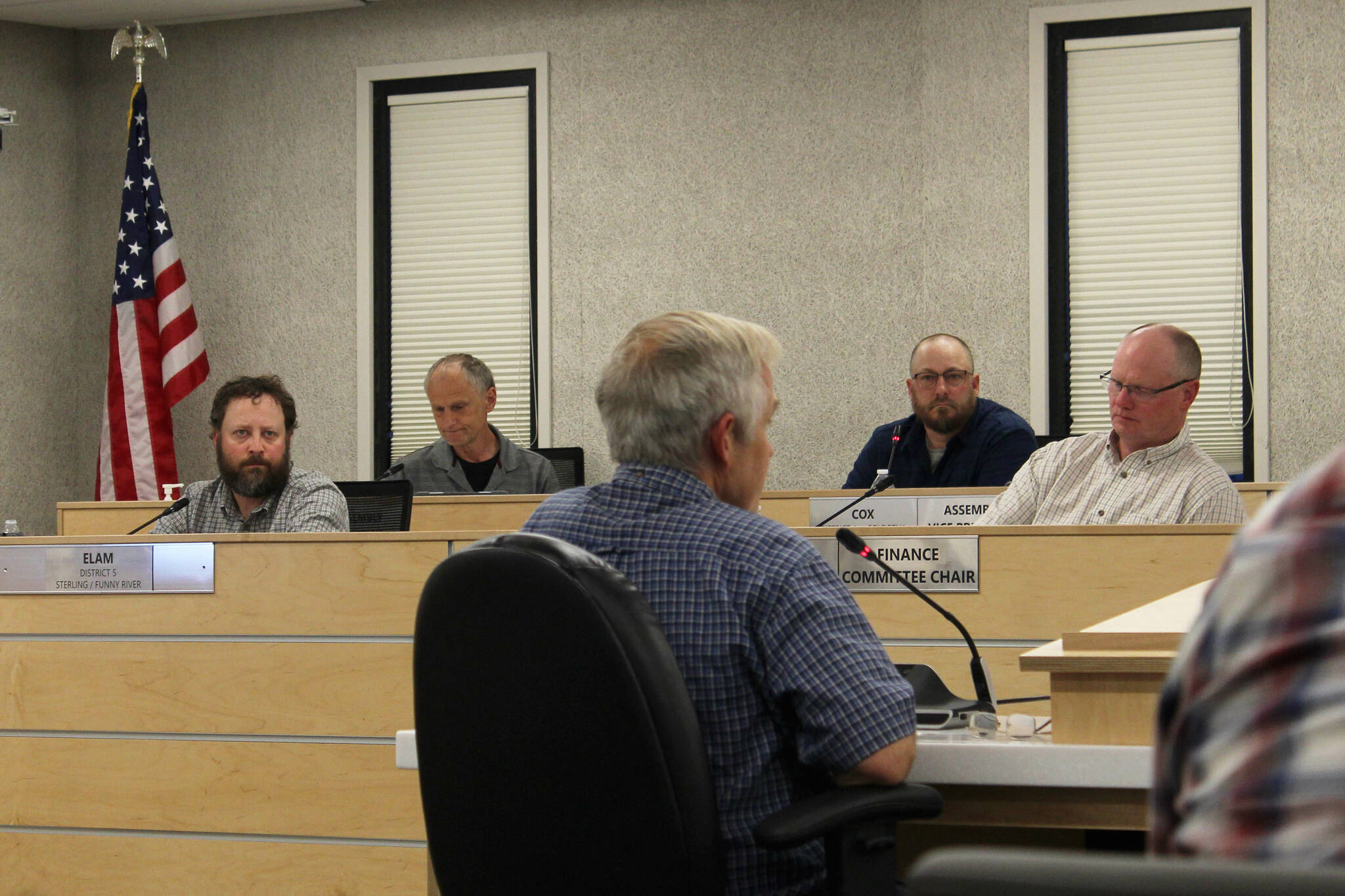 Mike Arnold testifies in opposition to the use of calcium chloride by the Alaska Department of Transportation and Public Facilities on Kenai Peninsula roads during a Kenai Peninsula Borough Assembly meeting on Tuesday, Aug. 2, 2023, in Soldotna, Alaska. (Ashlyn O’Hara/Peninsula Clarion)