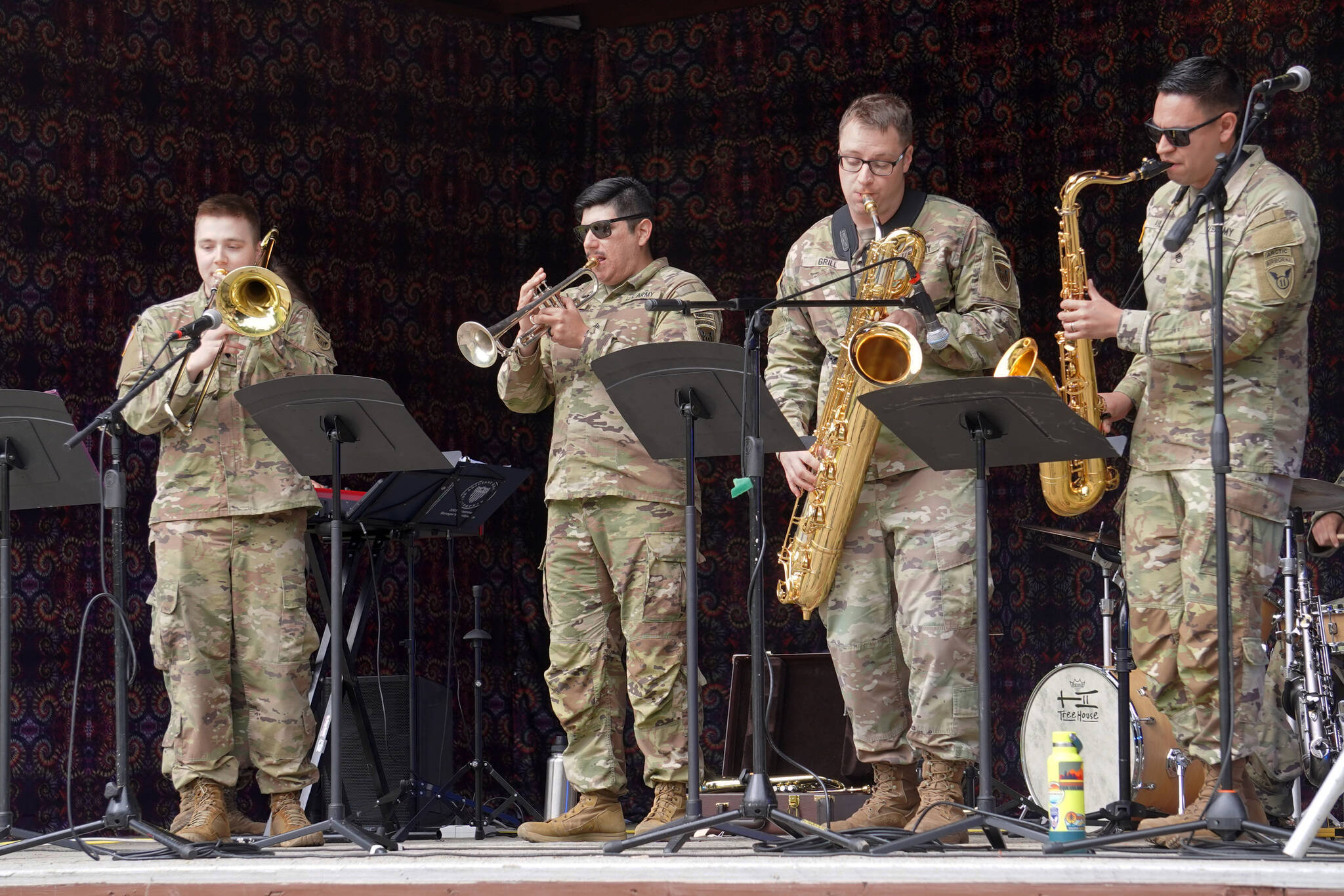 The 11th Airborne Division Band performs in the amphitheater at the Kenai Peninsula Fair in Ninilchik, Alaska, on Friday, Aug. 11, 2023. (Jake Dye/Peninsula Clarion)