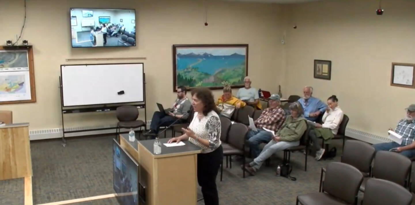 Public Works director Jan Keiser provides background on the Kachemak Sponge Green Infrastructure Stormwater Treatment System project during a public hearing held on Monday, Aug. 14, 2023 at City Hall in Homer, Alaska. Screenshot.
