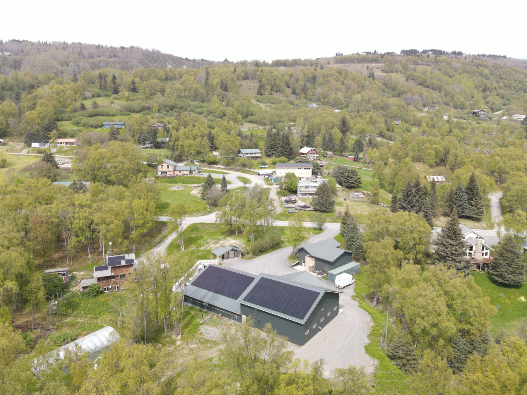 An aerial view of the Bear Creek Winery bottling works facility is seen in this June 2022 photograph after installation of the solar panel system by Midnight Sun Solar, LLC in Homer, Alaska. Photo provided by Alexander Sievers