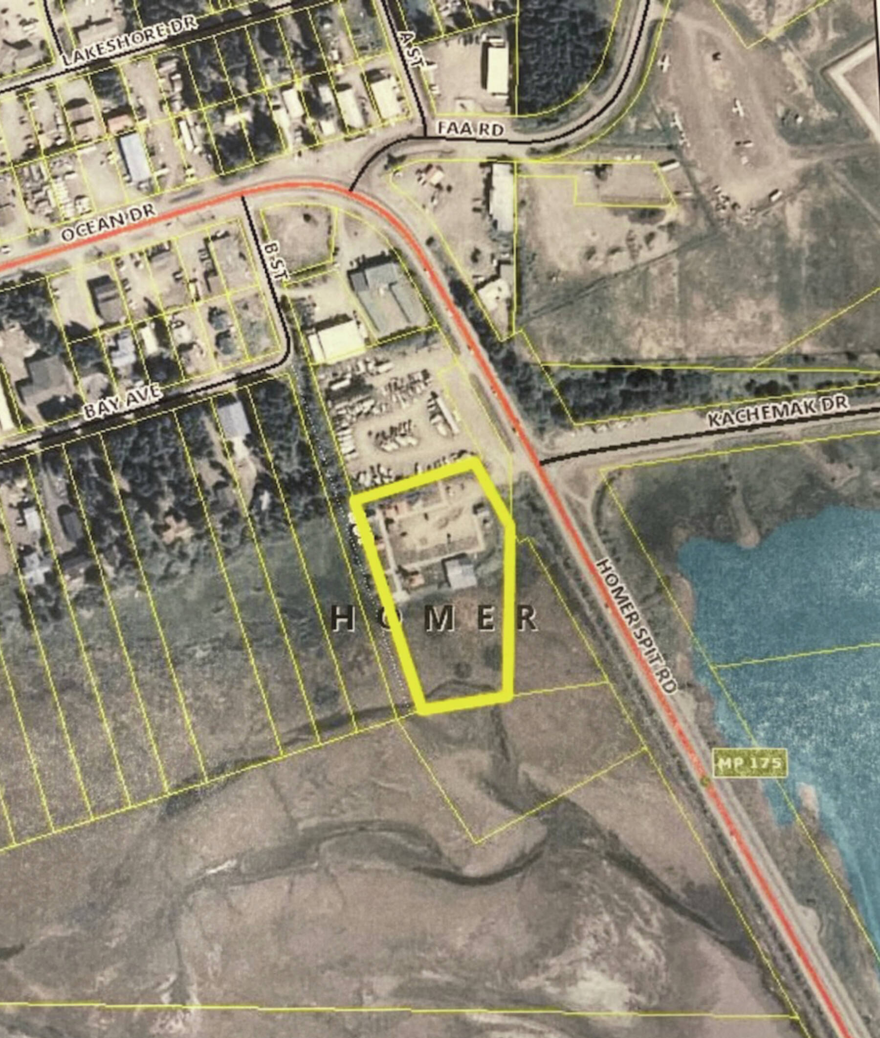Image from the Kenai Peninsula Borough Assessing Department parcel viewer
Front parcel of land at Lighthouse Village on Homer Spit Road purchased by Doyon Limited in March 2023.