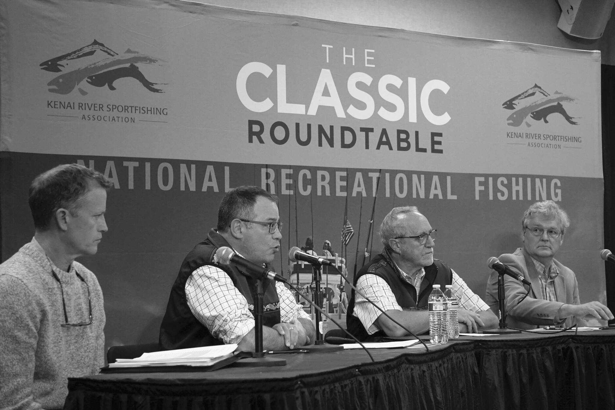 U.S. Fish and Wildlife Service Senior Advisor for Conservation Boyd Bilhovde, Bureau of Land Management Alaska Director Steve Cohn, Alaska Department of Fish and Game Commissioner Doug Vincent-Lang and Alaska State Parks Director Ricky Gease participate in a panel discussion at the Kenai River Sportfishing Association's Kenai Classic Roundtable at the Soldotna Regional Sports Complex in Soldotna, Alaska, on Wednesday, Aug. 23, 2023. (Jake Dye/Peninsula Clarion)