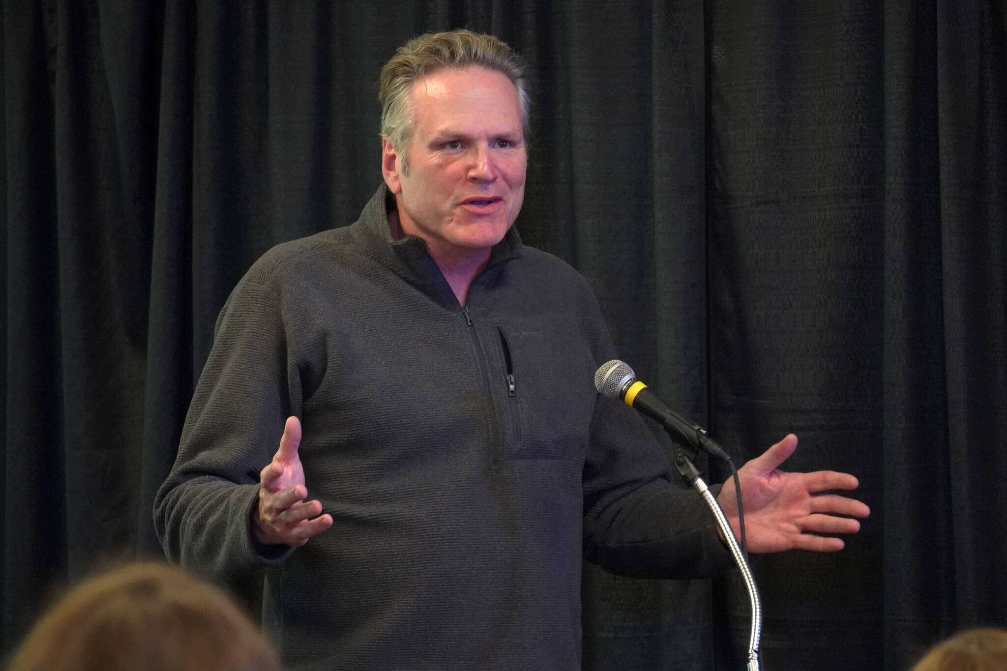 Gov. Mike Dunleavy delivers closing remarks at the Kenai River Sportfishing Association’s Kenai Classic Roundtable at the Soldotna Regional Sports Complex in Soldotna, Alaska, on Wednesday, Aug. 23, 2023. (Jake Dye/Peninsula Clarion)
