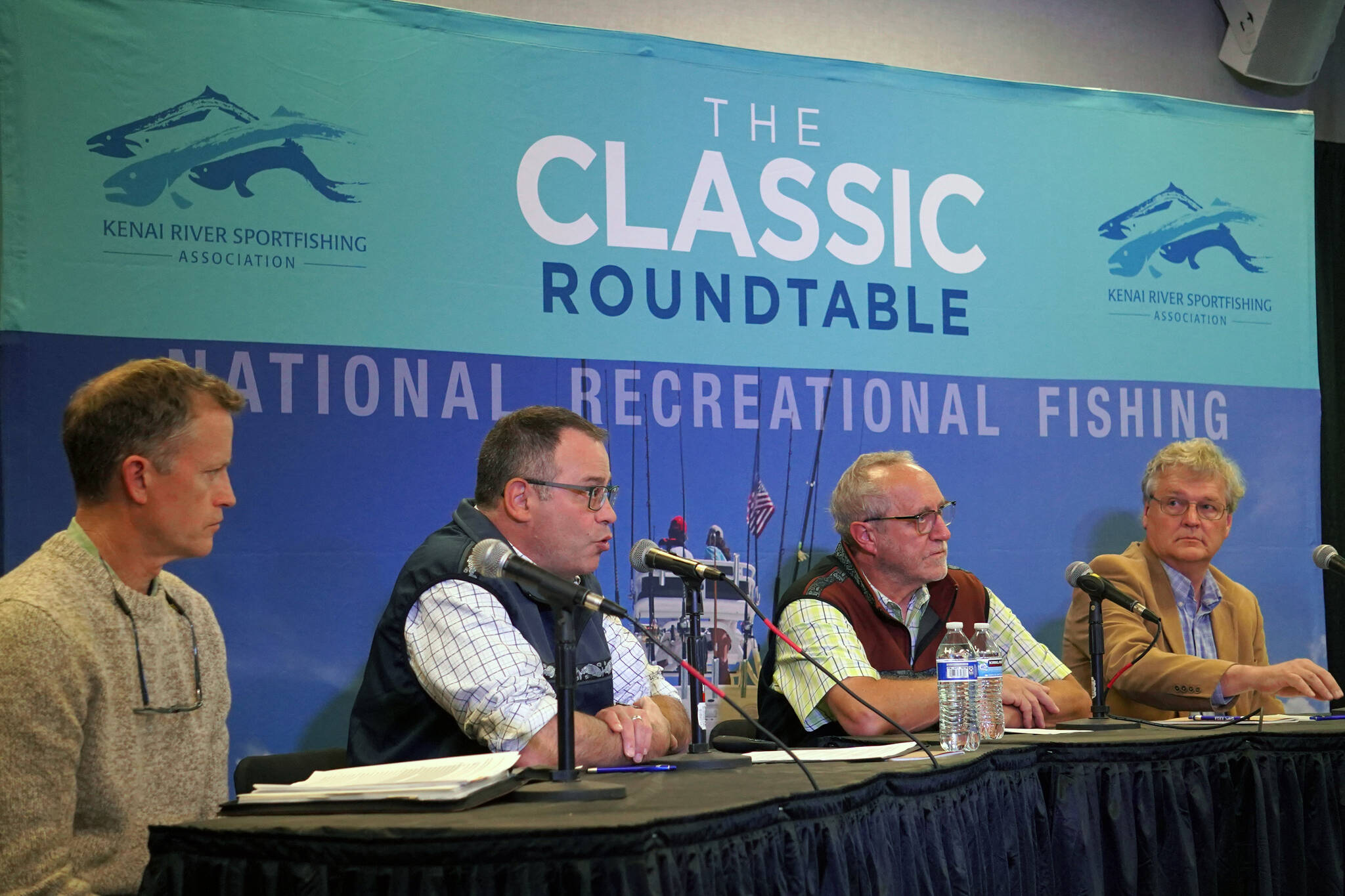 U.S. Fish and Wildlife Service Senior Advisor for Conservation Boyd Bilhovde, Bureau of Land Management Alaska Director Steve Cohn, Alaska Department of Fish and Game Commissioner Doug Vincent-Lang and Alaska State Parks Director Ricky Gease participate in a panel discussion at the Kenai River Sportfishing Association’s Kenai Classic Roundtable at the Soldotna Regional Sports Complex in Soldotna, Alaska, on Wednesday, Aug. 23, 2023. (Jake Dye/Peninsula Clarion)