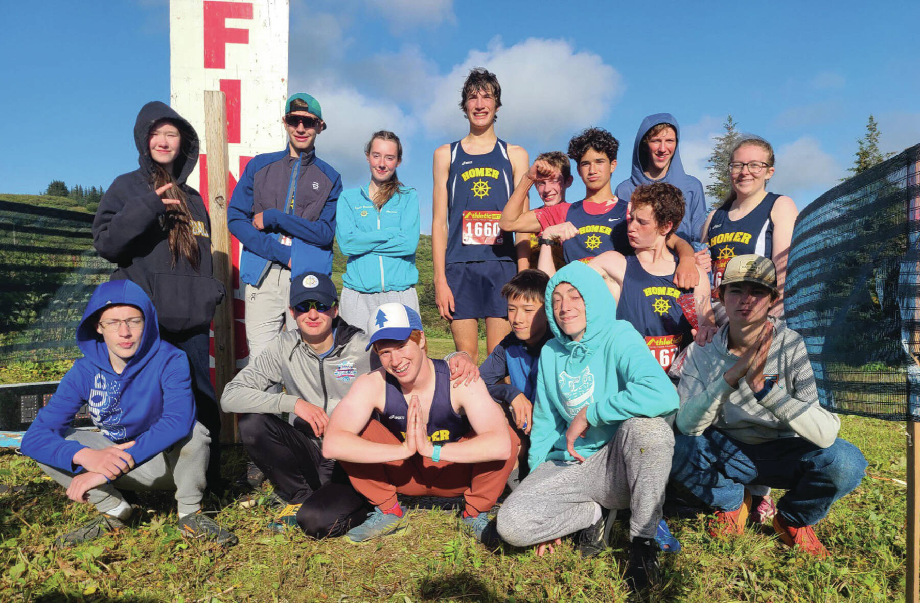 Photo provided by Lucas Parsley
Members of the Homer High School cross country running teams pose at the end of the meet at the Lookout Mt. ski trails on Sept. 1.