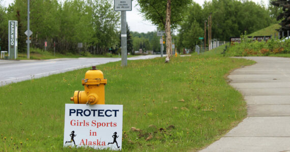 A sign opposing the participation of trans girls in girls sports is propped against a fire hydrant outside of the George A. Navarre Admin Building on Thursday, June 8, 2023, in Soldotna, Alaska. The Alaska Board of Education met in the building to discuss a resolution that would ban trans girls from girls high school sports. (Ashlyn O’Hara/Peninsula Clarion)