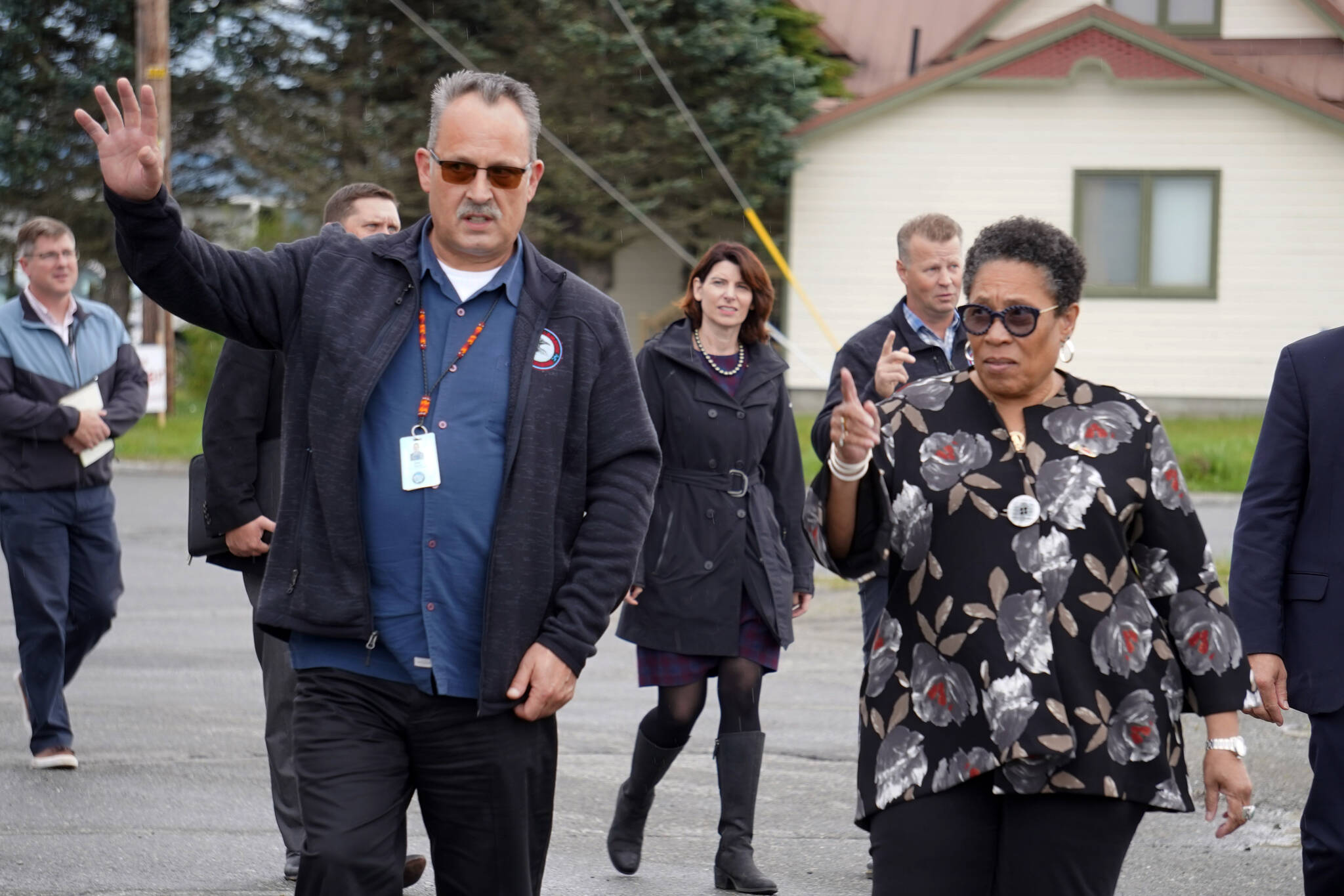 U.S. Department of Housing and Urban Development Secretary Marcia L. Fudge, right, is joined by Kenaitze/Salamatof Tribally Designated Housing Entity Housing and Facilities Director Dale Segura on a tour of the Kahtnuht’ana Qayeh in Kenai, Alaska, on Wednesday, Aug. 30, 2023. (Jake Dye/Peninsula Clarion)