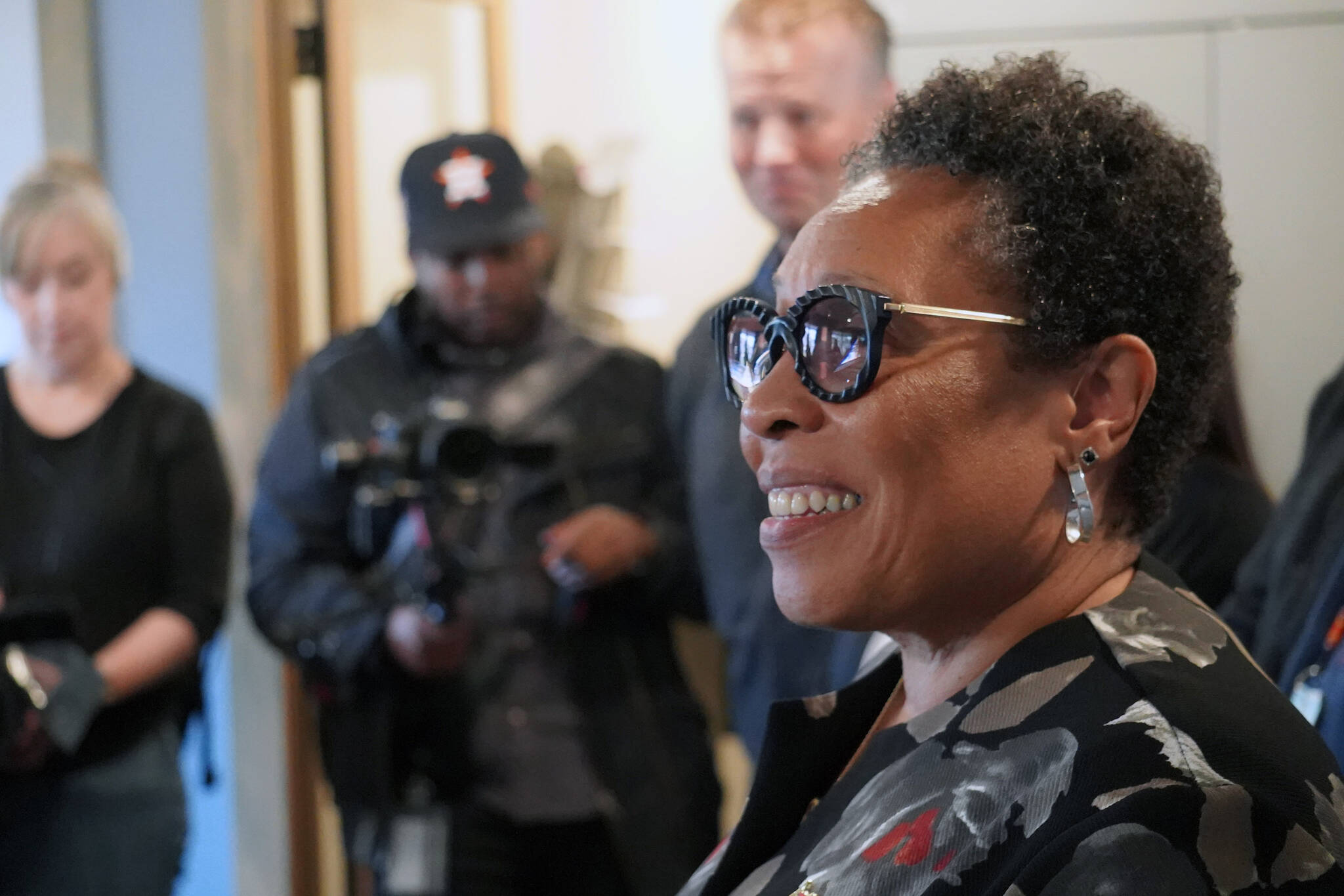 U.S. Department of Housing and Urban Development Secretary Marcia L. Fudge listens as people talk about their experience receiving support from the Kenaitze/Salamatof Tribally Designated Housing Entity in their offices in Kenai, Alaska, on Wednesday, Aug. 30, 2023. (Jake Dye/Peninsula Clarion)