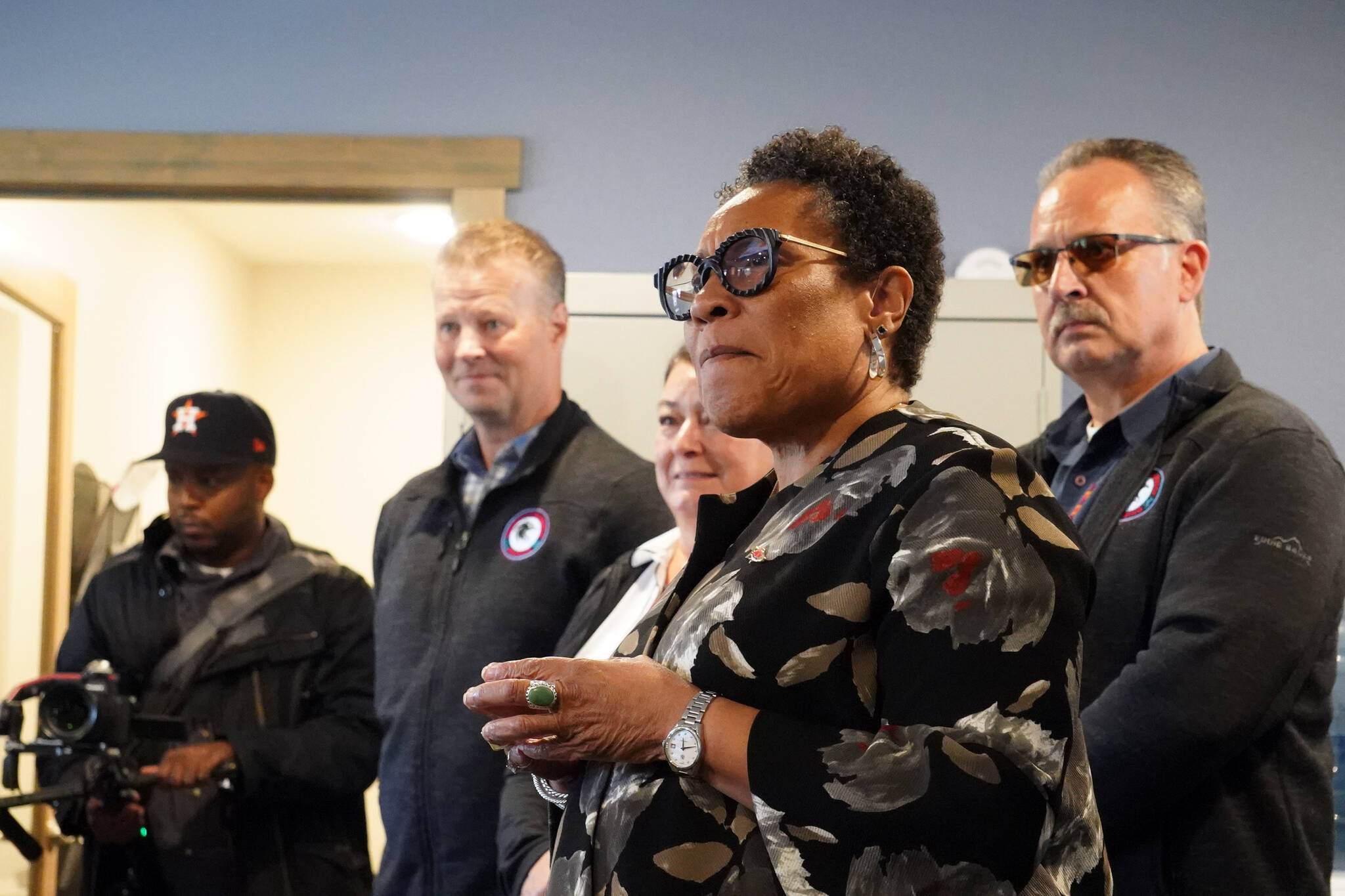U.S. Department of Housing and Urban Development Secretary Marcia L. Fudge listens as people talk about their experience receiving support from the Kenaitze/Salamatof Tribally Designated Housing Entity in their offices in Kenai, Alaska, on Wednesday, Aug. 30, 2023. (Jake Dye/Peninsula Clarion)