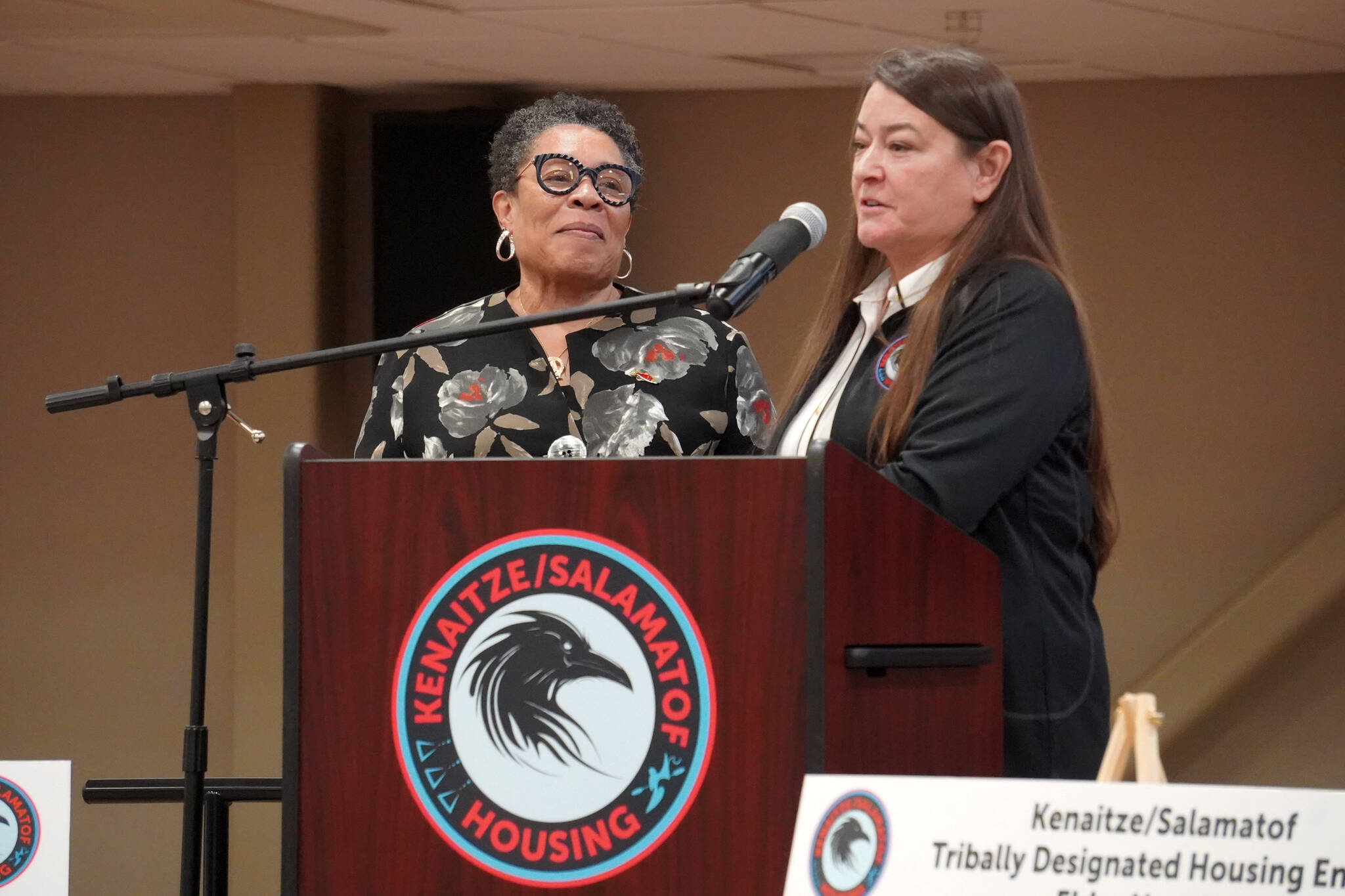U.S. Department of Housing and Urban Development Secretary Marcia L. Fudge and Kenaitze Indian Tribe Tribal Council Chair Ronette Stanton participate in a press conference announcing $7.5 million in federal funding designated for the Kenaitze/Salamatof Tribally Designated Housing Entity at the Kahtnuht’ana Duhdeldiht Campus in Kenai, Alaska, on Wednesday, Aug. 30, 2023. (Jake Dye/Peninsula Clarion)