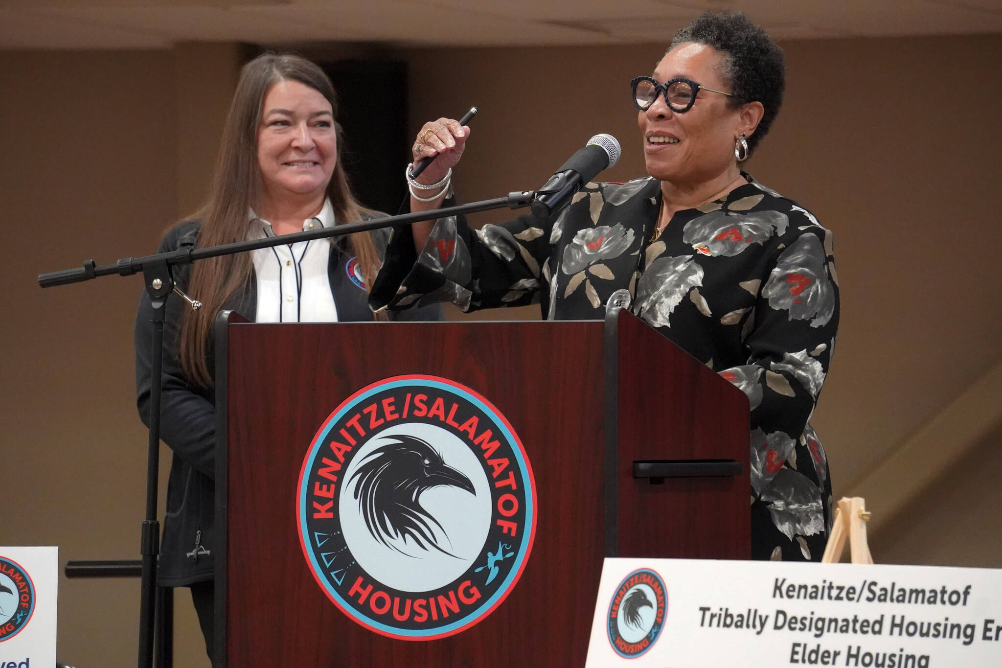 Tribal Council Chair Ronette Stanton and U.S. Department of Housing and Urban Development Secretary Marcia L. Fudge participate in a press conference announcing $7.5 million in federal funding designated for the Kenaitze/Salamatof Tribally Designated Housing Entity at the Kahtnuht’ana Duhdeldiht Campus in Kenai, Alaska, on Wednesday, Aug. 30, 2023. (Jake Dye/Peninsula Clarion)