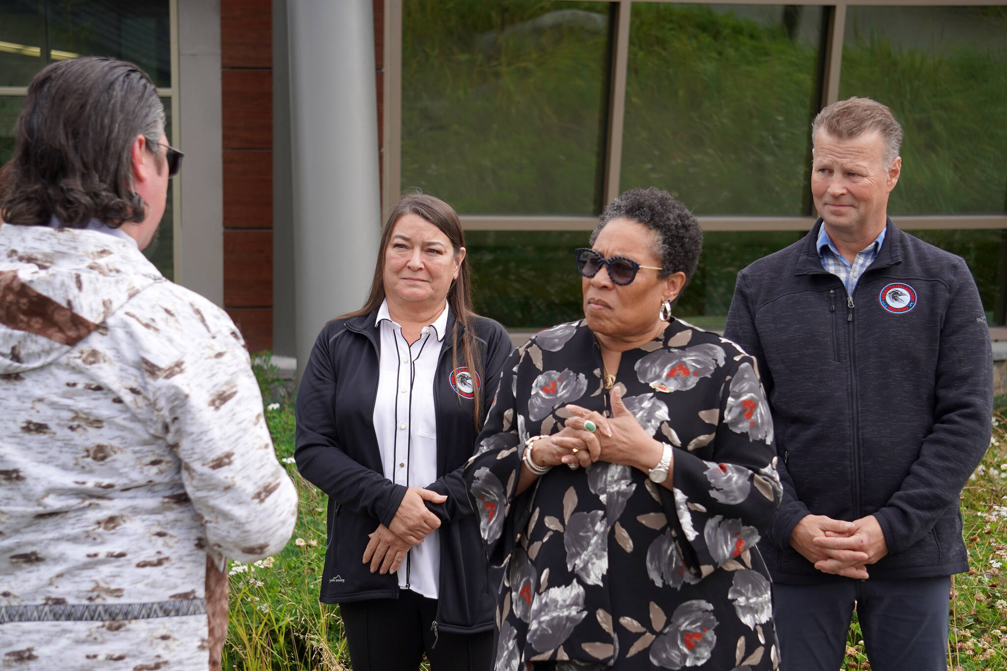 Tribal Council Chair for Kenaitze Indian Tribe Ronette Stanton and Kenaitze/Salamatof Tribally Designated Housing Entity Chair Kaarlo Wik accompany U.S. Department of Housing and Urban Development Secretary Marcia L. Fudge, center, on a visit to the Dena’ina Wellness Center in Kenai, Alaska, as she asks questions of Health Systems Director Chris Koski on Wednesday, Aug. 30, 2023. (Jake Dye/Peninsula Clarion)