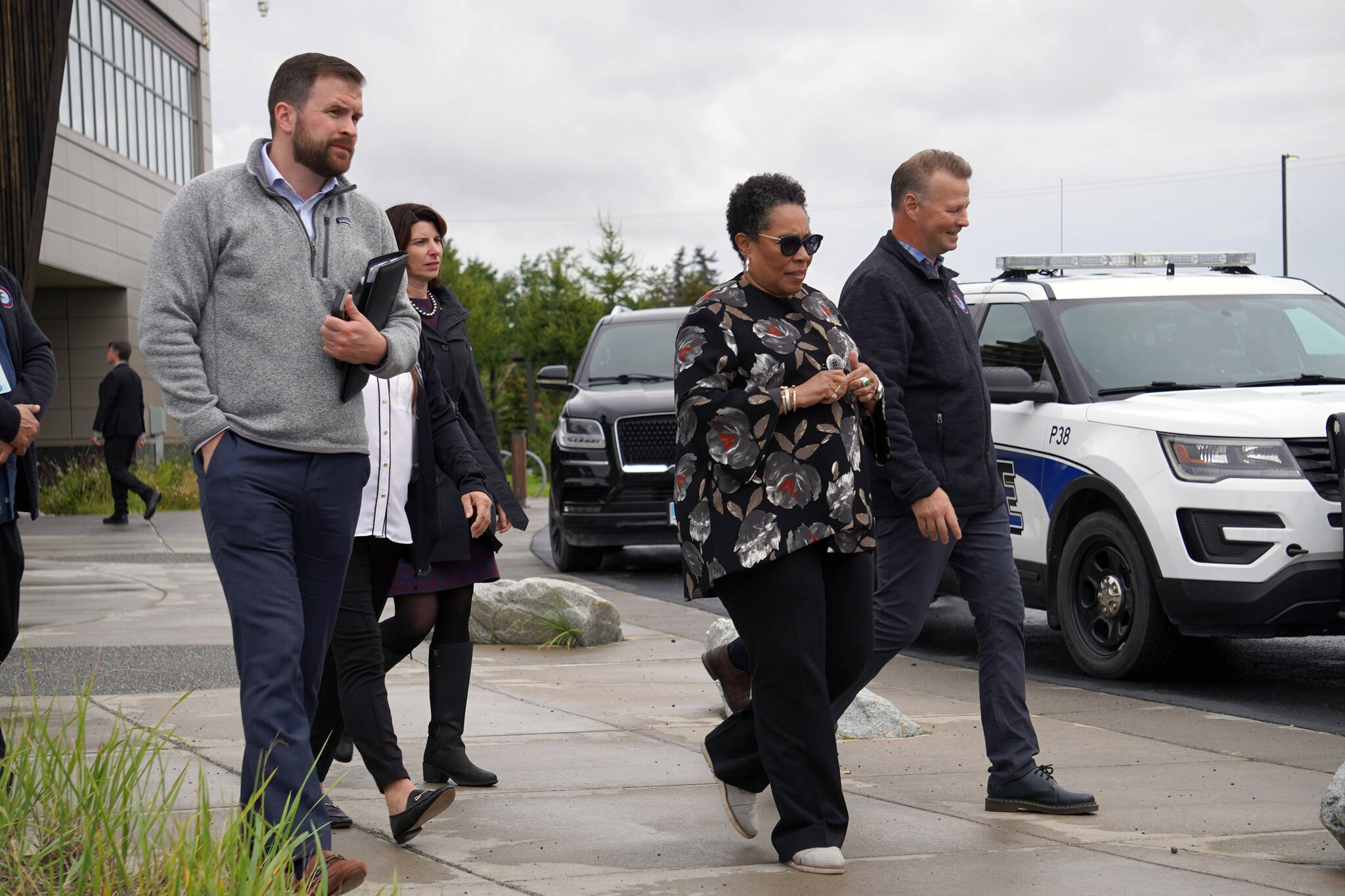 U.S. Department of Housing and Urban Development Secretary Marcia L. Fudge tours the Kahtnuht’ana Qayeh in Kenai, Alaska, on Wednesday, Aug. 30, 2023. (Jake Dye/Peninsula Clarion)