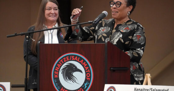Tribal Council Chair Ronette Stanton and U.S. Department of Housing and Urban Development Secretary Marcia L. Fudge participate in a press conference announcing $7.5 million in federal funding designated for the Kenaitze/Salamatof Tribally Designated Housing Entity at the Kahtnuht’ana Duhdeldiht Campus in Kenai, Alaska, on Wednesday, Aug. 30, 2023. (Jake Dye/Peninsula Clarion)