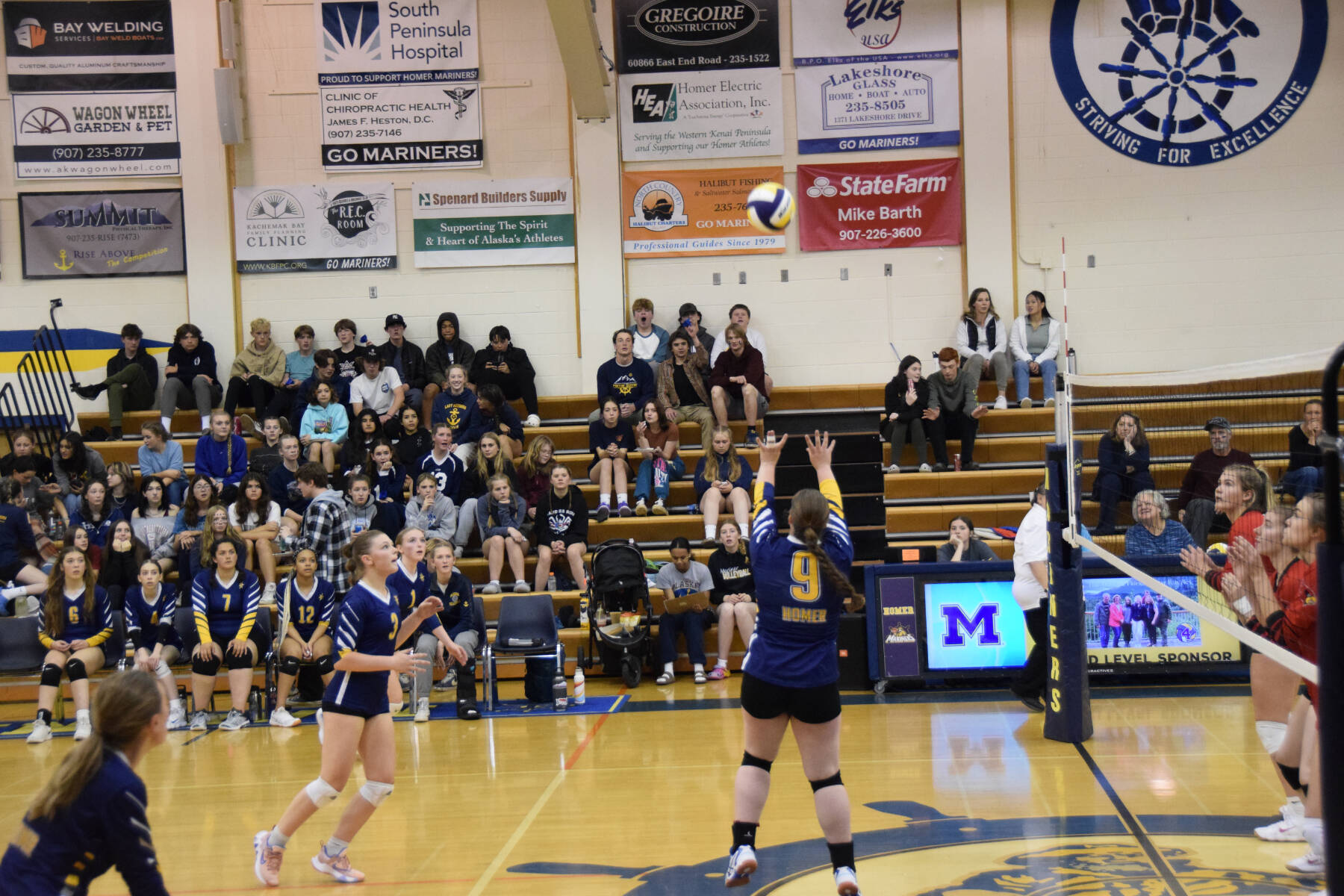 Rebecca Trowbridge sets the ball at the varsity game against the Kenai Kardinals on Saturday, Sept. 9, 2023 in the Alice Witte Gymnasium at Homer High School in Homer, Alaska. (Delcenia Cosman/Homer News)