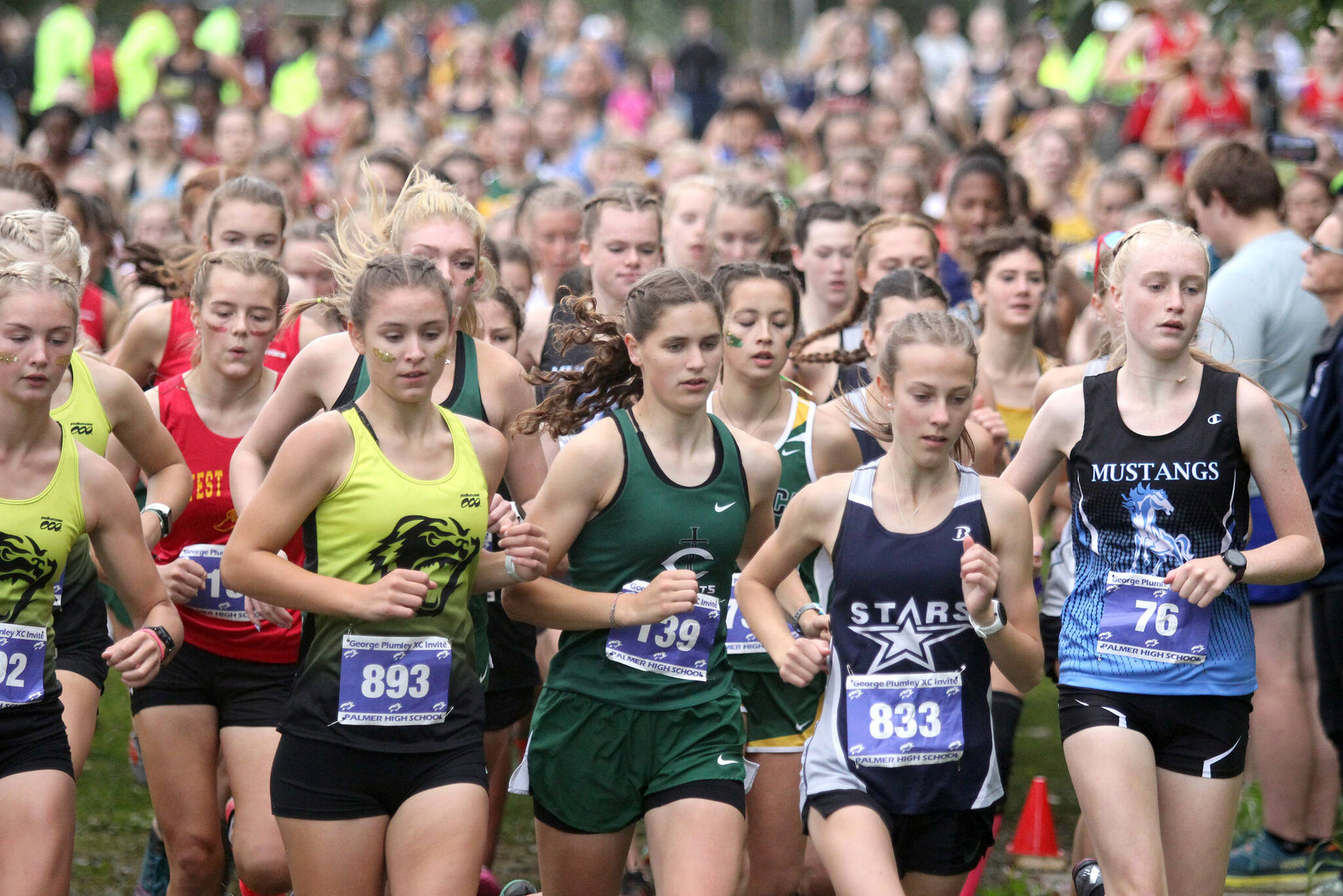 Soldotna’s Tania Boonstra runs with the lead pack at the George Plumley XC Invite on Saturday, Sept. 9, 2023, at Palmer High School in Palmer, Alaska. (Photo by Jeremiah Bartz/Frontiersman)