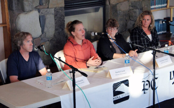Daniel Hasche, Rachel Lord, Caroline Venuti and Joni Wise participate in a Homer City Council Candidate Forum at Homer Public Library in Homer, Alaska, on Monday, Sept. 18, 2023. (Jake Dye/Peninsula Clarion)