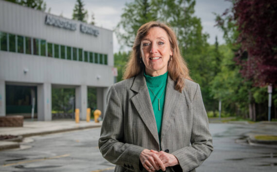 UAA Provost Denise Runge photographed outside the Administration and Humanities Building.