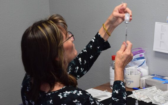 Nurse Tracy Silta draws a dose of the Moderna COVID-19 vaccine at the walk-in clinic at the intersection of the Kenai Spur and Sterling Highways in Soldotna, Alaska on Wednesday, June 9, 2021. (Camille Botello / Peninsula Clarion)