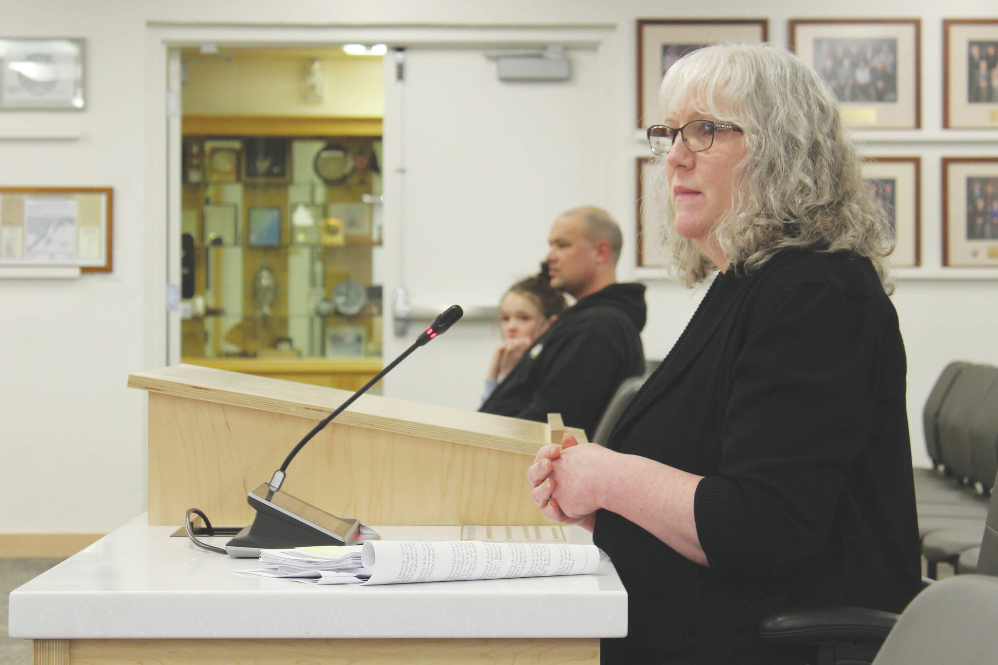 Kenai Peninsula Borough School District Board Member Debbie Cary speaks during a meeting of the Kenai Peninsula Borough Assembly on Tuesday, April 5, 2022 in Soldotna, Alaska. Cary also served on the borough’s reapportionment board. (Ashlyn O’Hara/Peninsula Clarion)