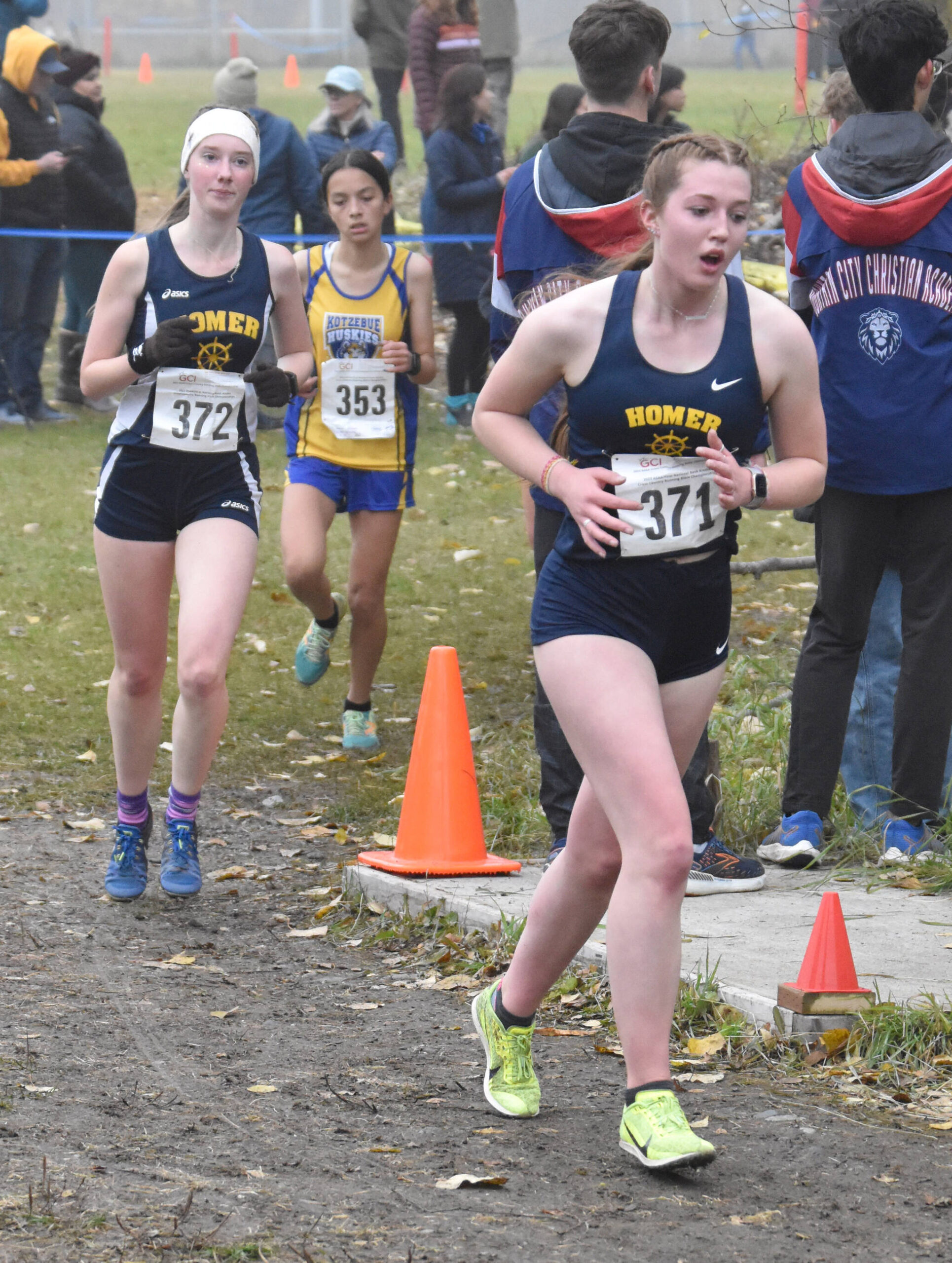 Homer’s Claire Booz leads teammate Beatrix McDonough on Saturday, Oct. 7, 2023, in the Division II girls state cross-country race at Palmer High School in Palmer, Alaska. (Photo by Jeff Helminiak/Peninsula Clarion)