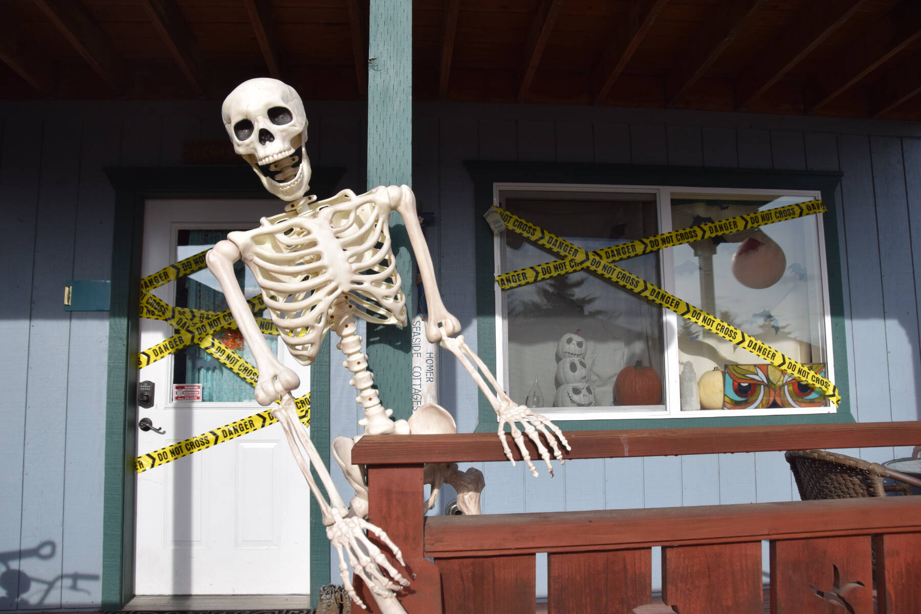 The Homer Seaside Cottages are decorated for the spooky season on Friday, Oct. 13, 2023 in Homer, Alaska. (Finn Heimbold/Homer News)