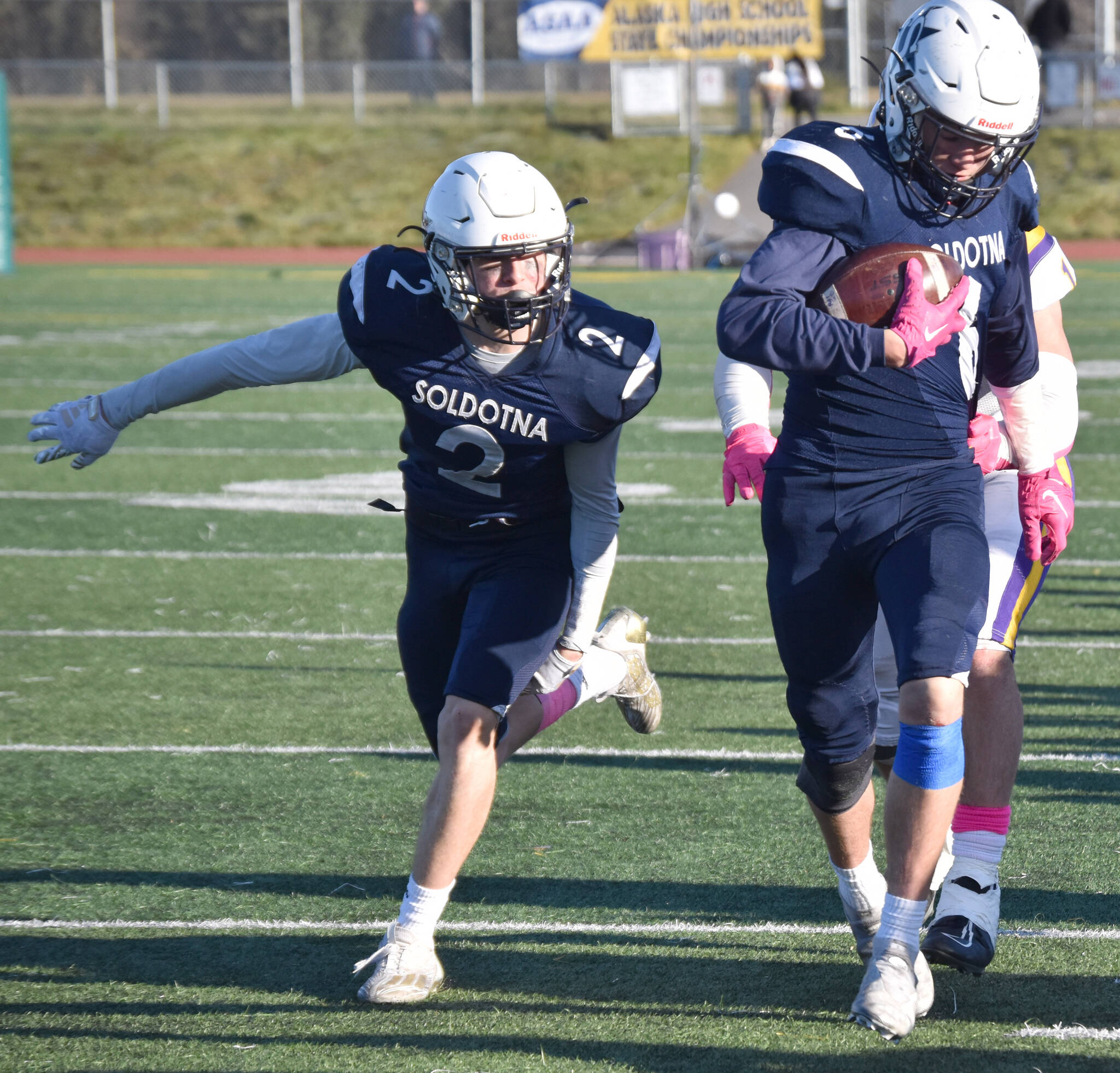 Soldotna’s Trevor Michael returns an interception Saturday, Oct. 21, 2023, in the Division II championship game at Service High School in Anchorage, Alaska. (Photo by Jeff Helminiak/Peninsula Clarion)
