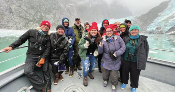Photo provided by Kachemak Bay Campus
Dr. Debbie Tobin and Marc Webber and the Semester by the Bay students conducting field work this fall in Kenai Fjords National Park heading for Northwestern Glacier.