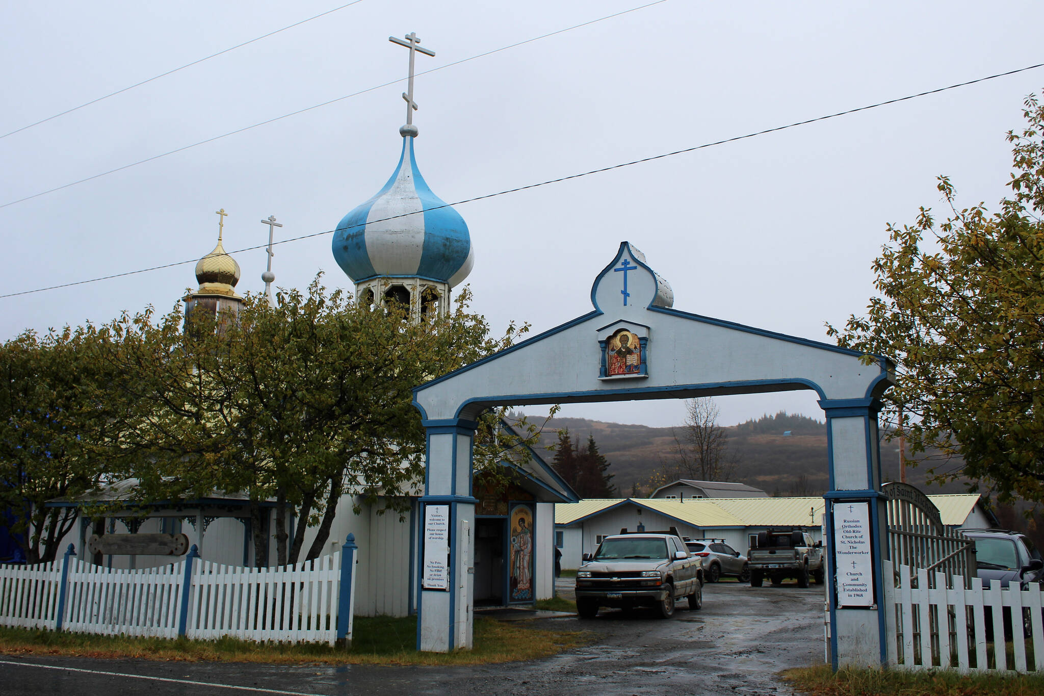 An arch marks the entrance to the Church of St. Nicholas on Tuesday, Oct. 10, 2023 in Nikolaevsk, Alaska. (Ashlyn O’Hara/Peninsula Clarion)
