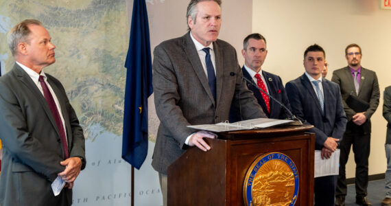 From left, Anchorage Mayor Dave Bronson, Gov. Mike Dunleavy, Alaska Department of Natural Resources Commissioner John Boyle and Alaska Department of Revenue Deputy Commissioner Fadil Limani discuss Cook Inlet oil and gas shortages during a press conference on Thursday, Oct. 26, 2023 in Anchorage, Alaska. (Photo courtesy the Office of the Governor)