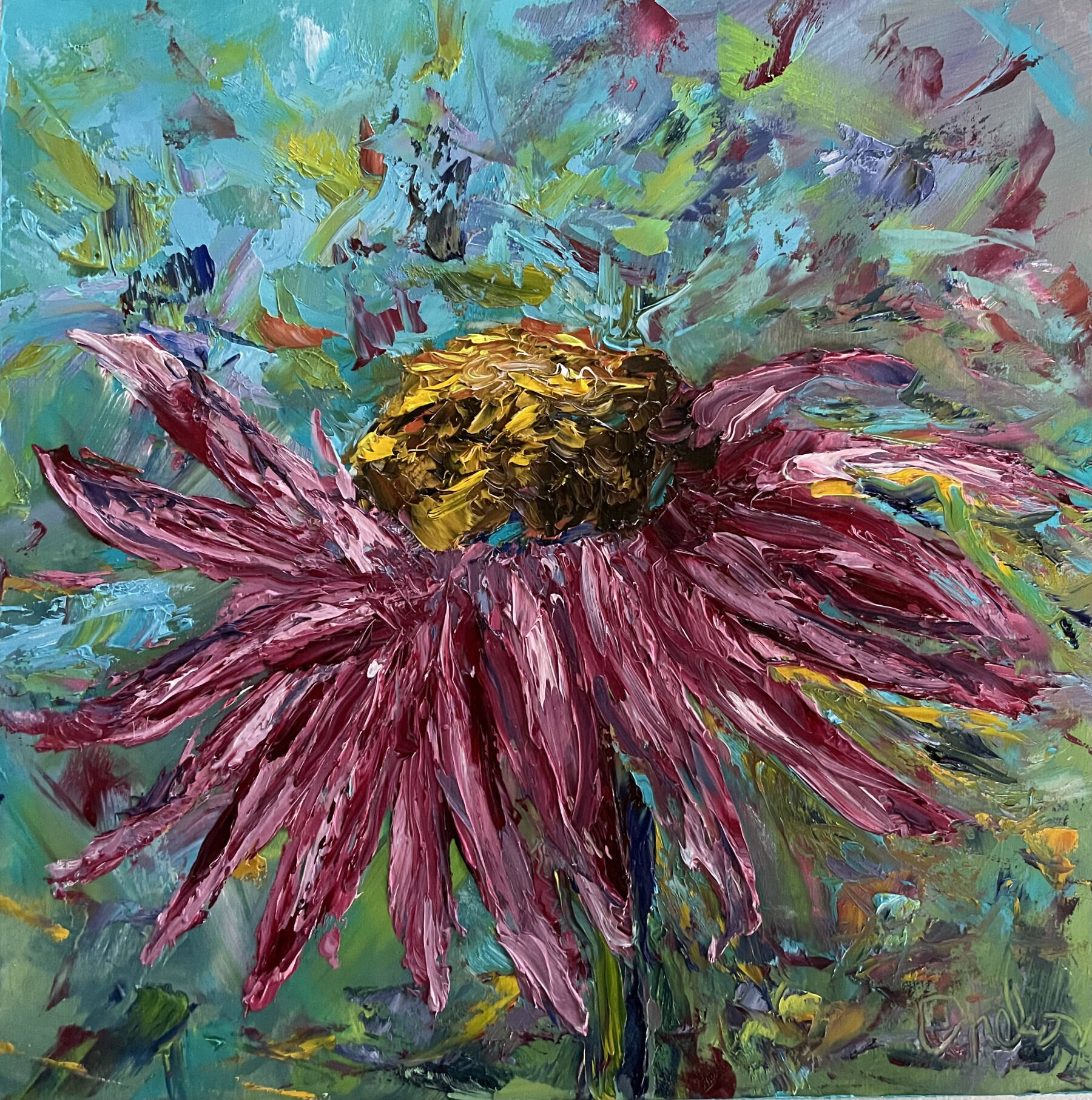 “Echinacea” is a pallet knife oil painting created this summer by Cindy Nelson, whose work is available year-round at Ptarmigan Arts. Photo provided by Cindy Nelson