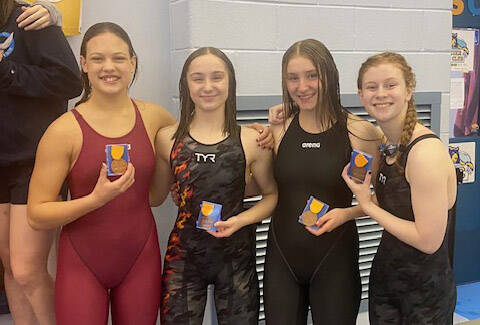 The Kenai Central girls relay team of Abigail Price, Sierra Hershberger, Isla Crouse and Maria Anderson finished fourth at the state swimming and diving meet Saturday, Nov. 4, 2023, in Juneau, Alaska. (Photo provided)