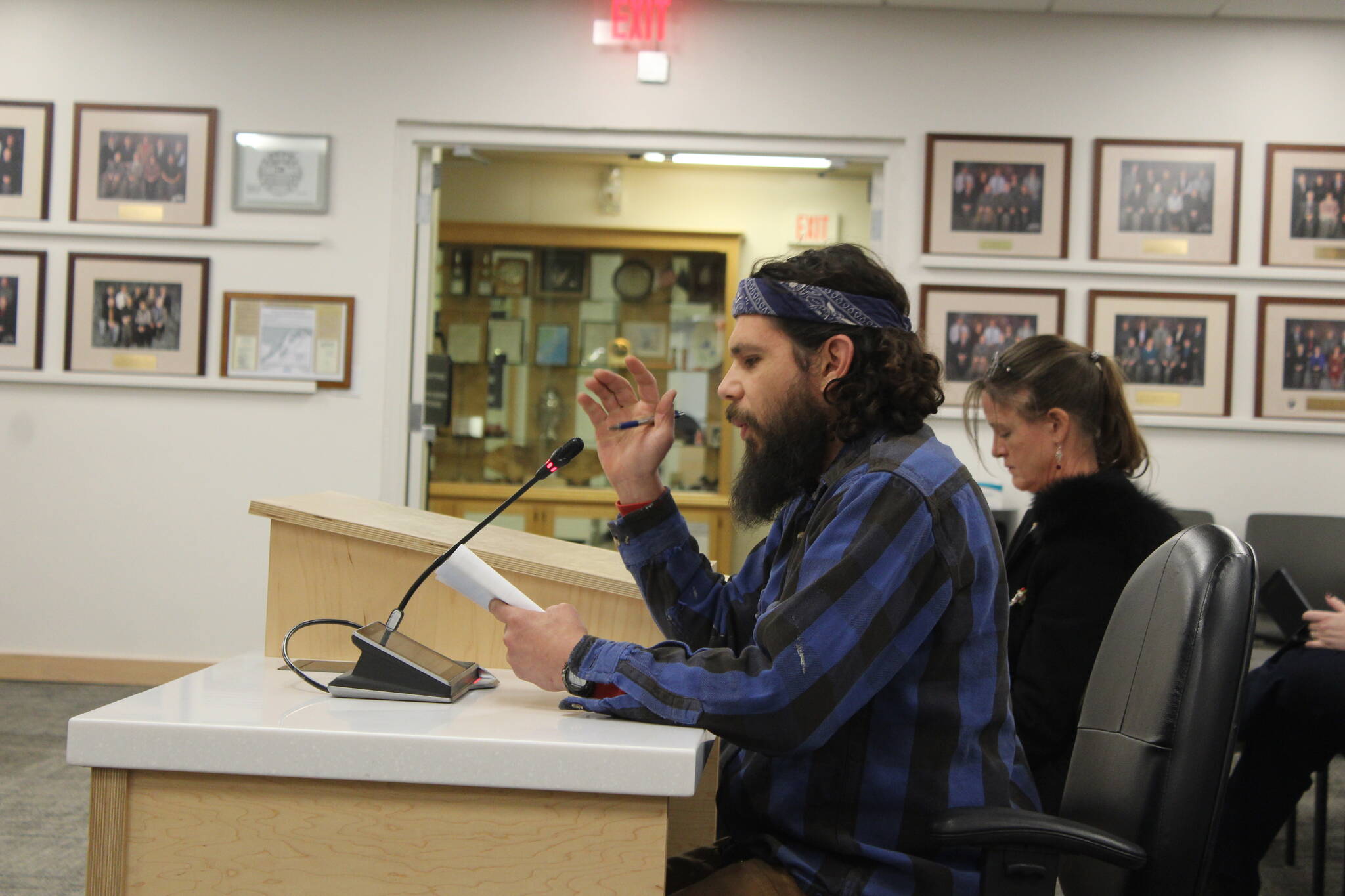 Adam Bertoldo testifies in opposition to a resolution only permitting certain chaplains to deliver invocations before Kenai Peninsula Borough Assembly meetings on Tuesday, Nov. 7, 2023, in Soldotna, Alaska. (Ashlyn O’Hara/Peninsula Clarion)