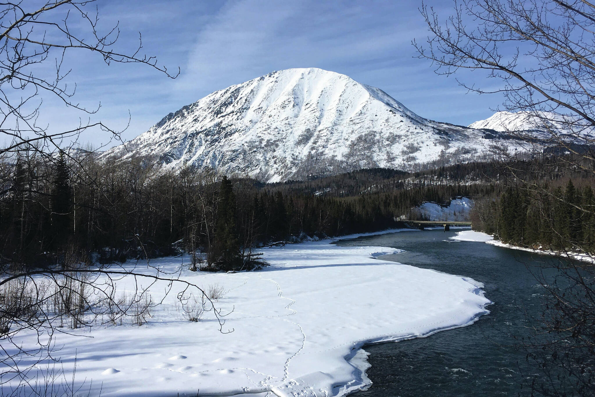 Jeff Helminiak/Peninsula Clarion
The Sterling Highway crosses the Kenai River near the Russian River Campground on March 15, 2020, near Cooper Landing.