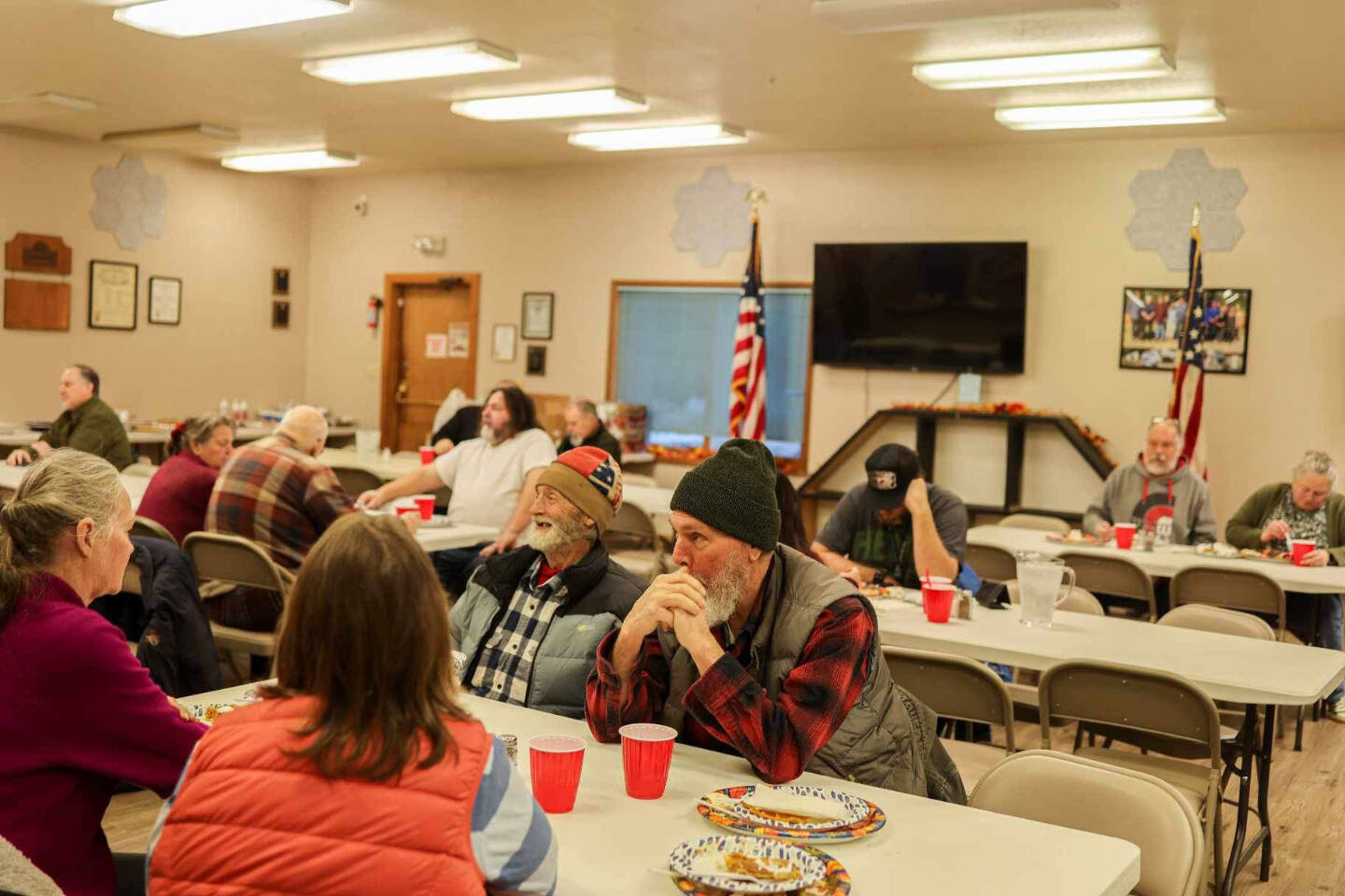 Community members enjoy a Thanksgivng meal provided by the Virl “Pa” Haga VFW Post 10221 on Thursday, Nov. 23, 2023 in Anchor Point, Alaska. Photo provided by Heidi Adams
