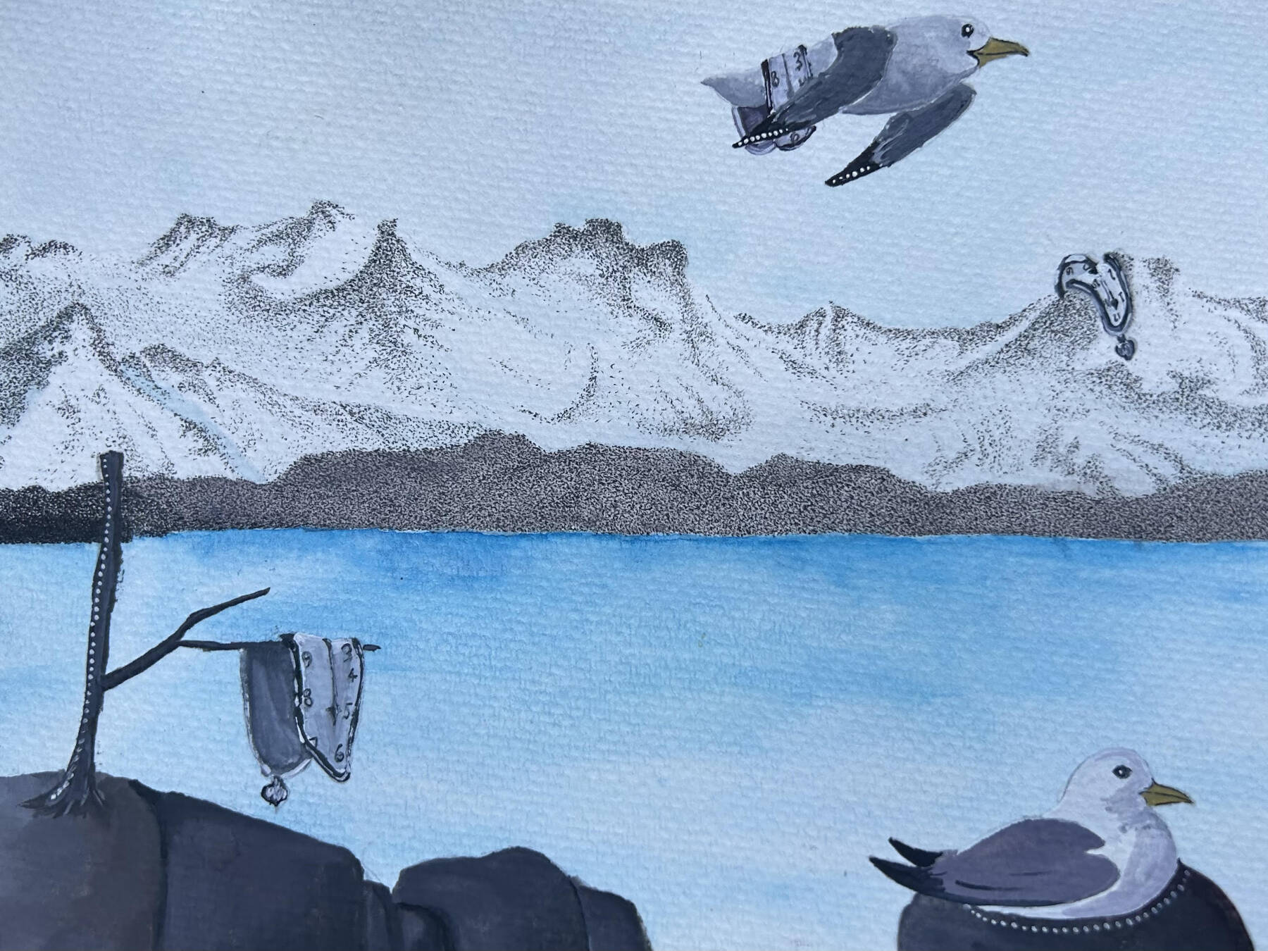“Clocks, Kittiwakes, and the Persistence of Homer,” a gouache and ink piece created by Renee Veldman, is on display in Homer Council on the Arts’ “Fun with 5x7” exhibit through December. Photo provided by Renee Veldman