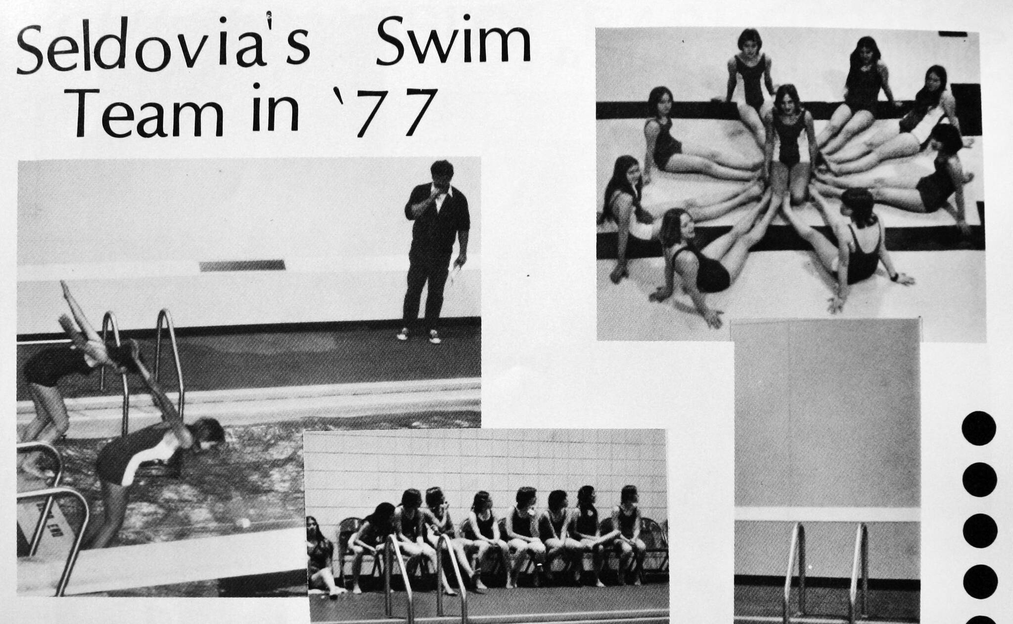 This is a portion of the swim team page from the 1977 Seldovia Otters yearbook. Rex Edwards can be seen poolside in the upper-left photo. (Image courtesy of Rex and Beverly Edwards)